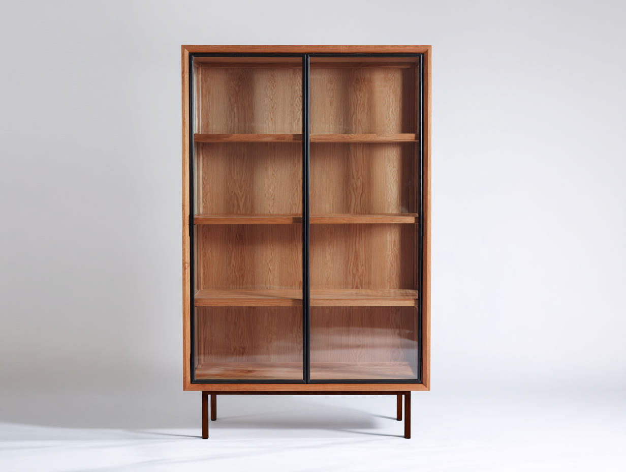 Vitrine - bois-verre-métal - 92x41x146 cm - noyer naturel-noir-brun - moderne-Vazenlohome