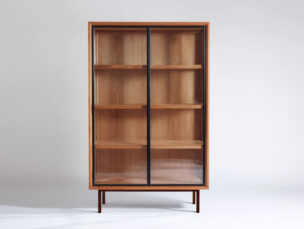 Vitrine - bois-verre-métal - 92x41x146 cm - noyer naturel-noir-brun - moderne-Vazenlohome