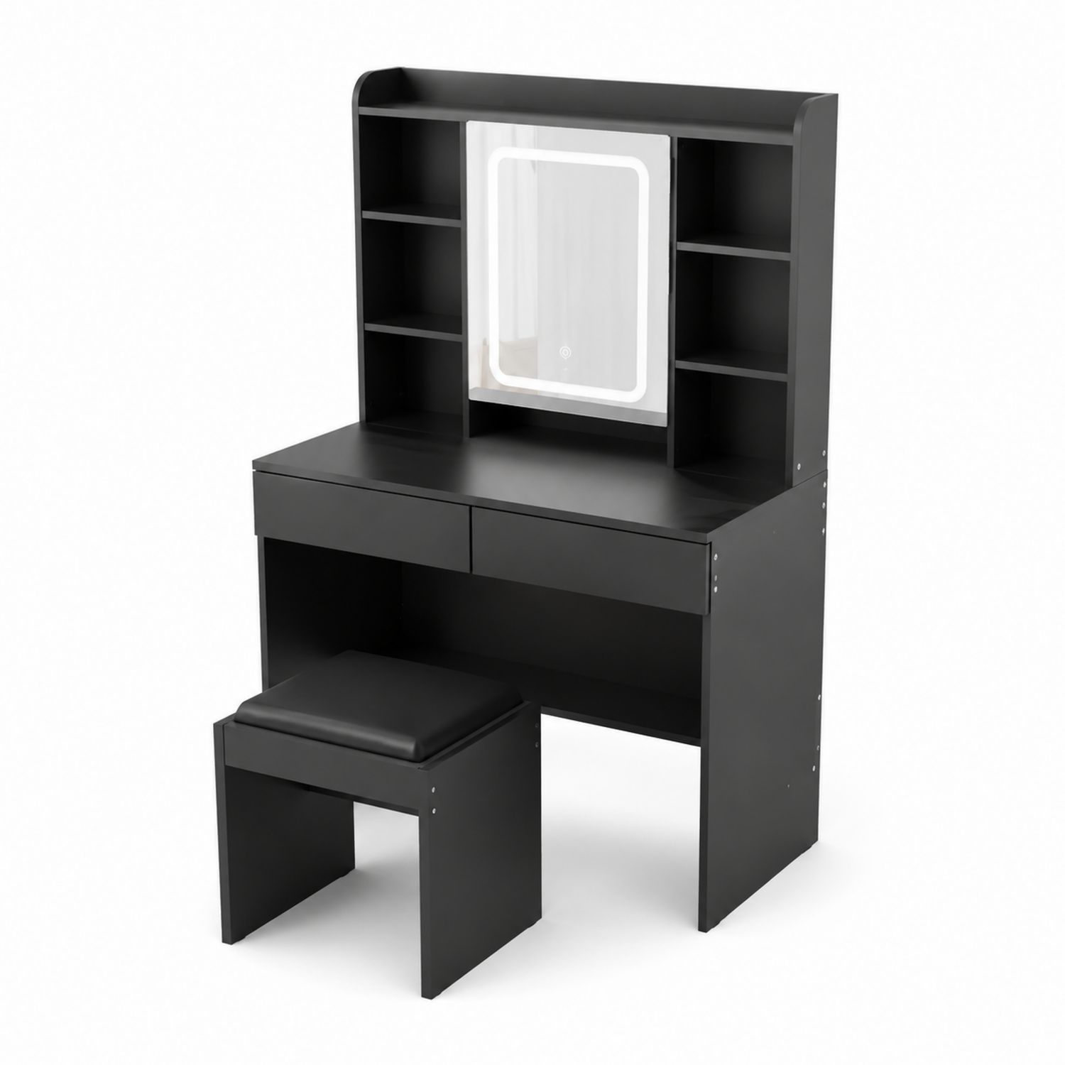 Tocador de Madera MDF con Espejo LED y Taburete Negro