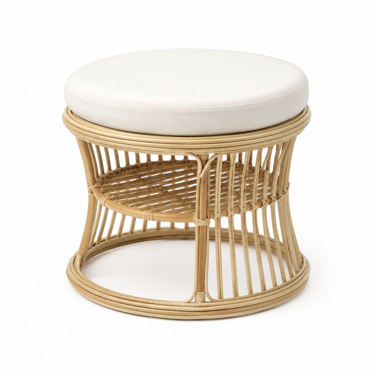 Taburete redondo de ratán con cojín crema, diámetro 40 cm, altura 45 cm