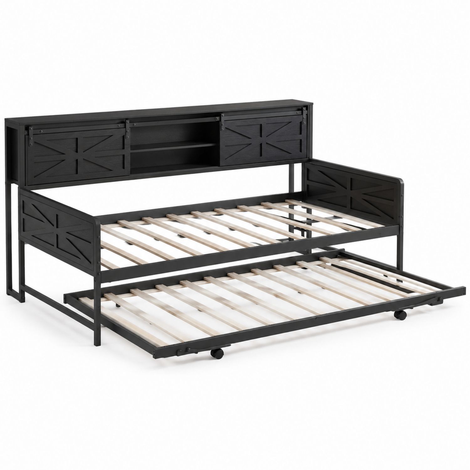 Cama nido de madera y metal negra con almacenamiento