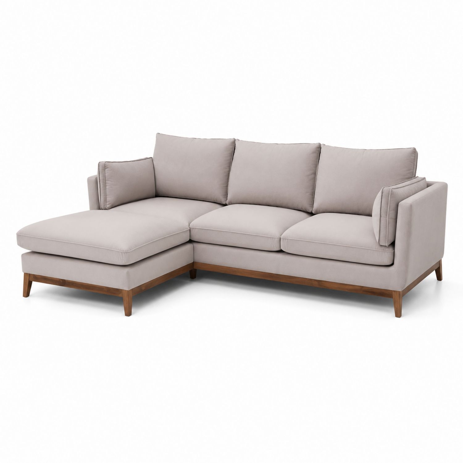 Sofá en forma de L de tela gris claro con estructura de madera