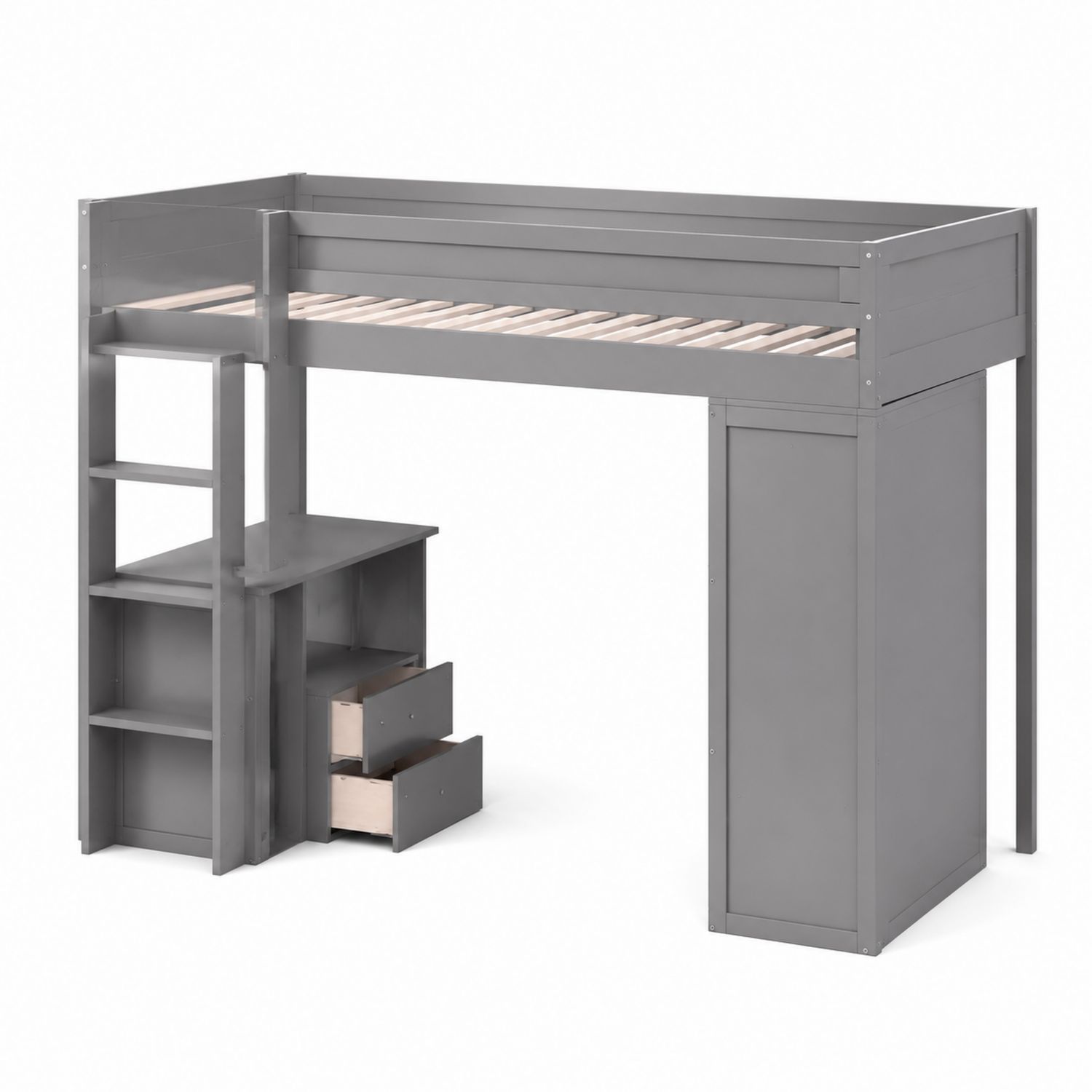 Litera Alta de Metal y Madera con Escalera y Cajones Gris