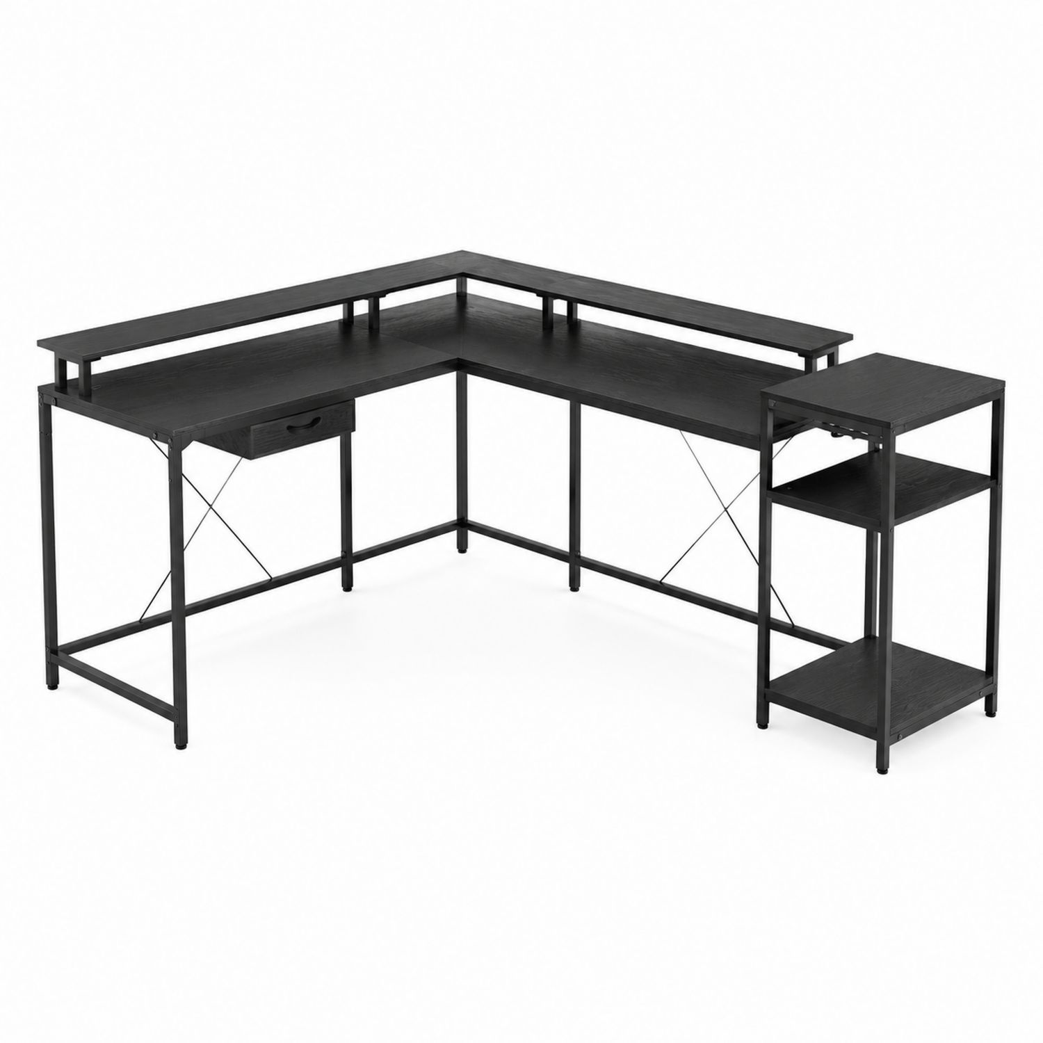 Escritorio en L de Metal y MDF Negro con Estantes y Cajón