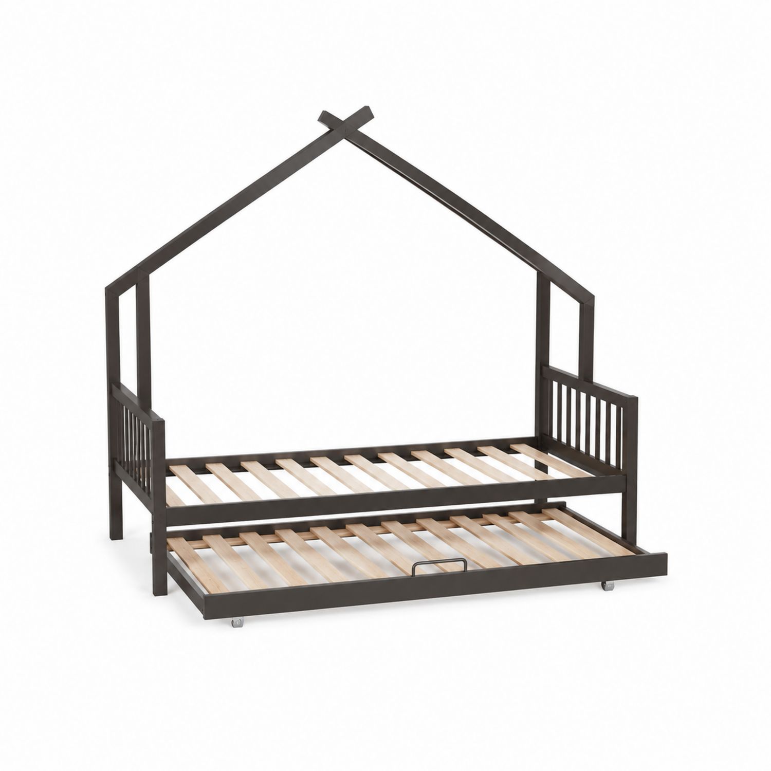 Cama infantil de metal con estructura de casa y cama nido, 200x90 cm