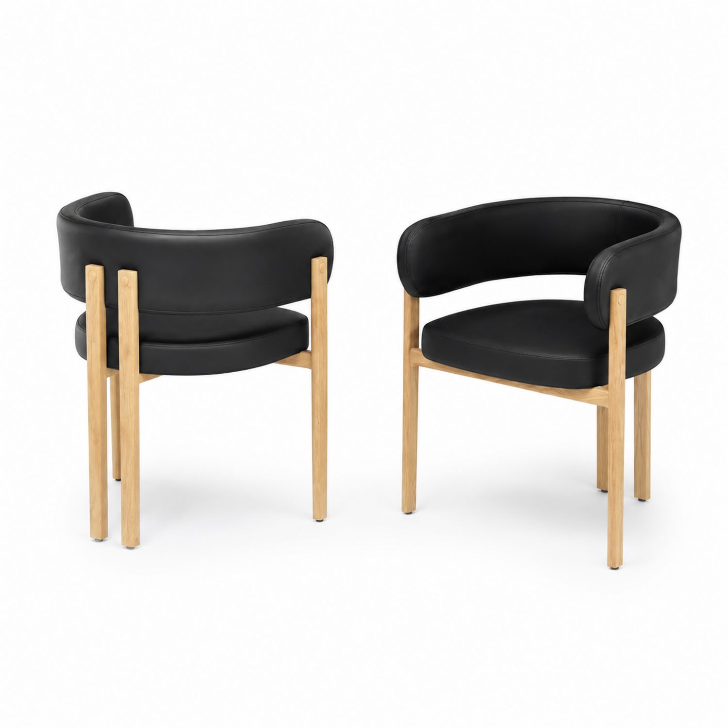 Sillas de comedor con tapizado de cuero PU negro y estructura de madera, set de 2