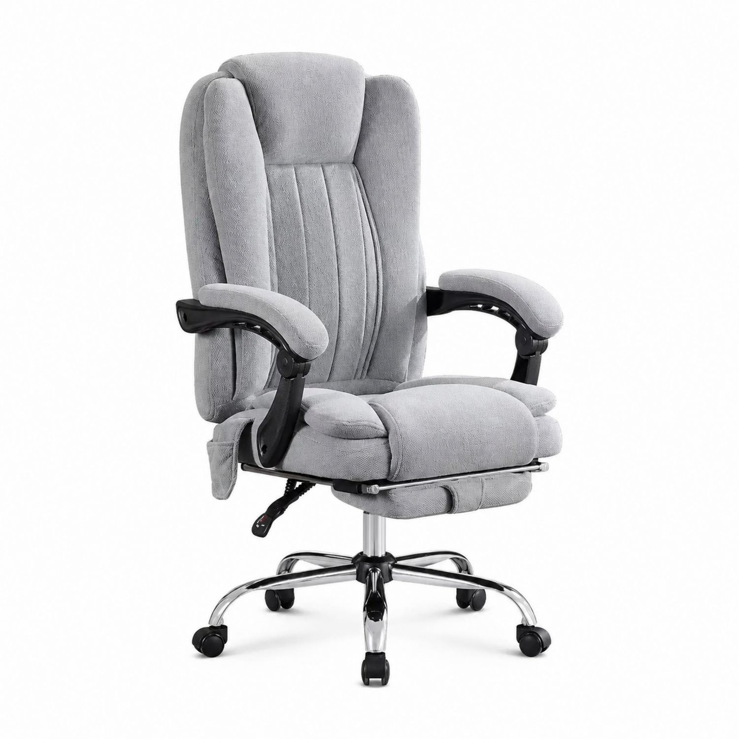 Silla de oficina ergonómica gris con base de metal cromado