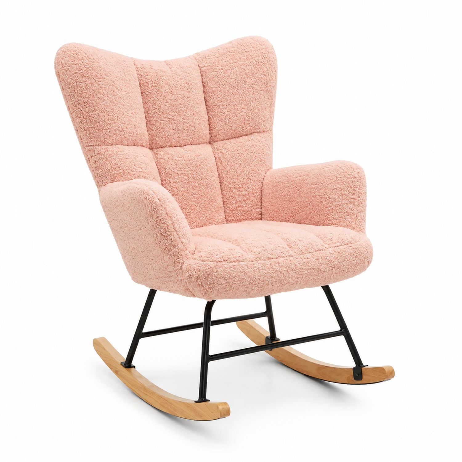 Silla mecedora tapizada en tejido bouclé rosa