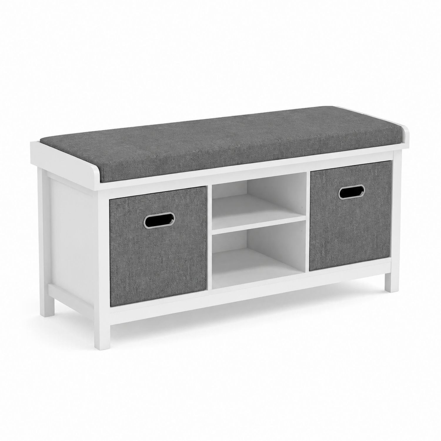 Banco de madera con estantes y cojín de poliéster, Blanco/Gris