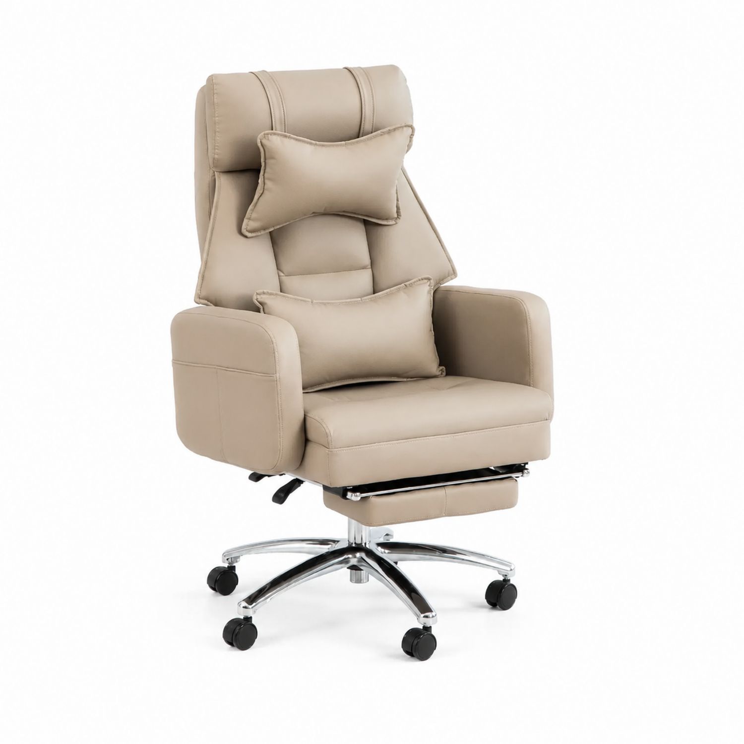 Silla de oficina reclinable de piel sintética beige con reposapiés