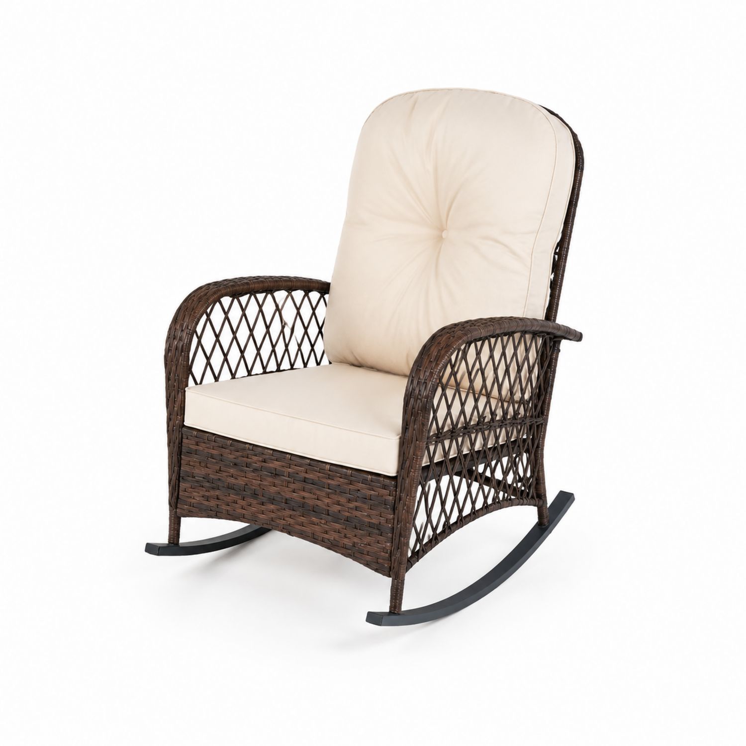Silla mecedora de ratán sintético marrón con cojines beige