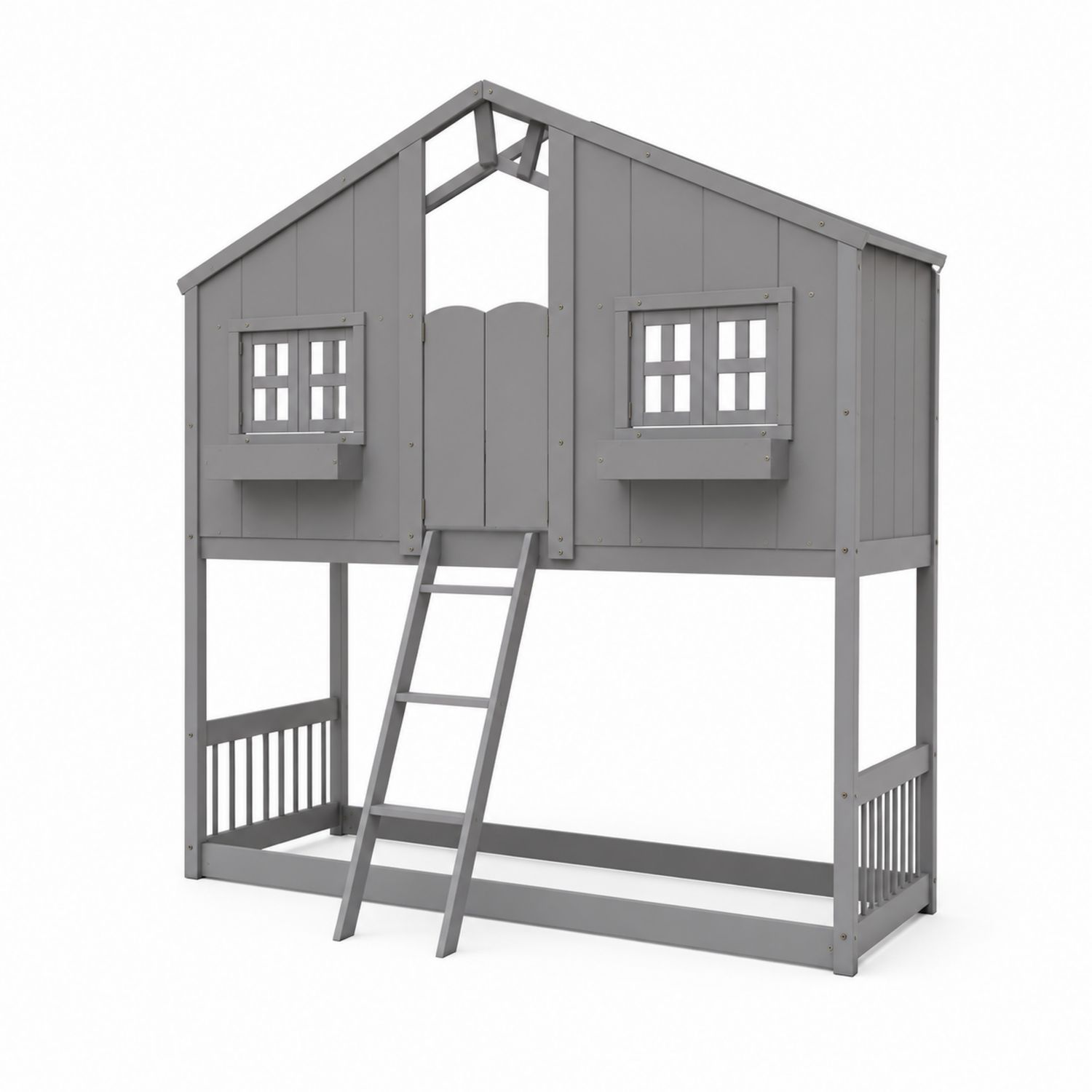 Cama alta infantil de madera gris con forma de casa y escalera