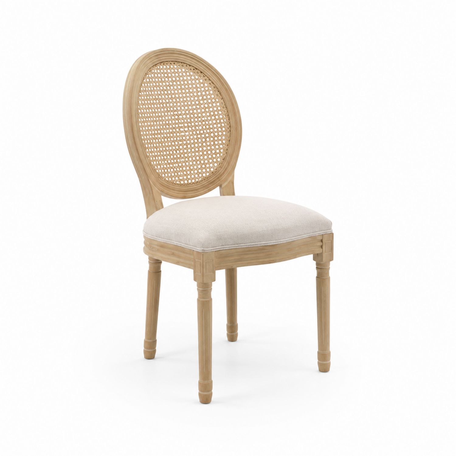 Silla de madera con respaldo de rejilla y asiento de lino