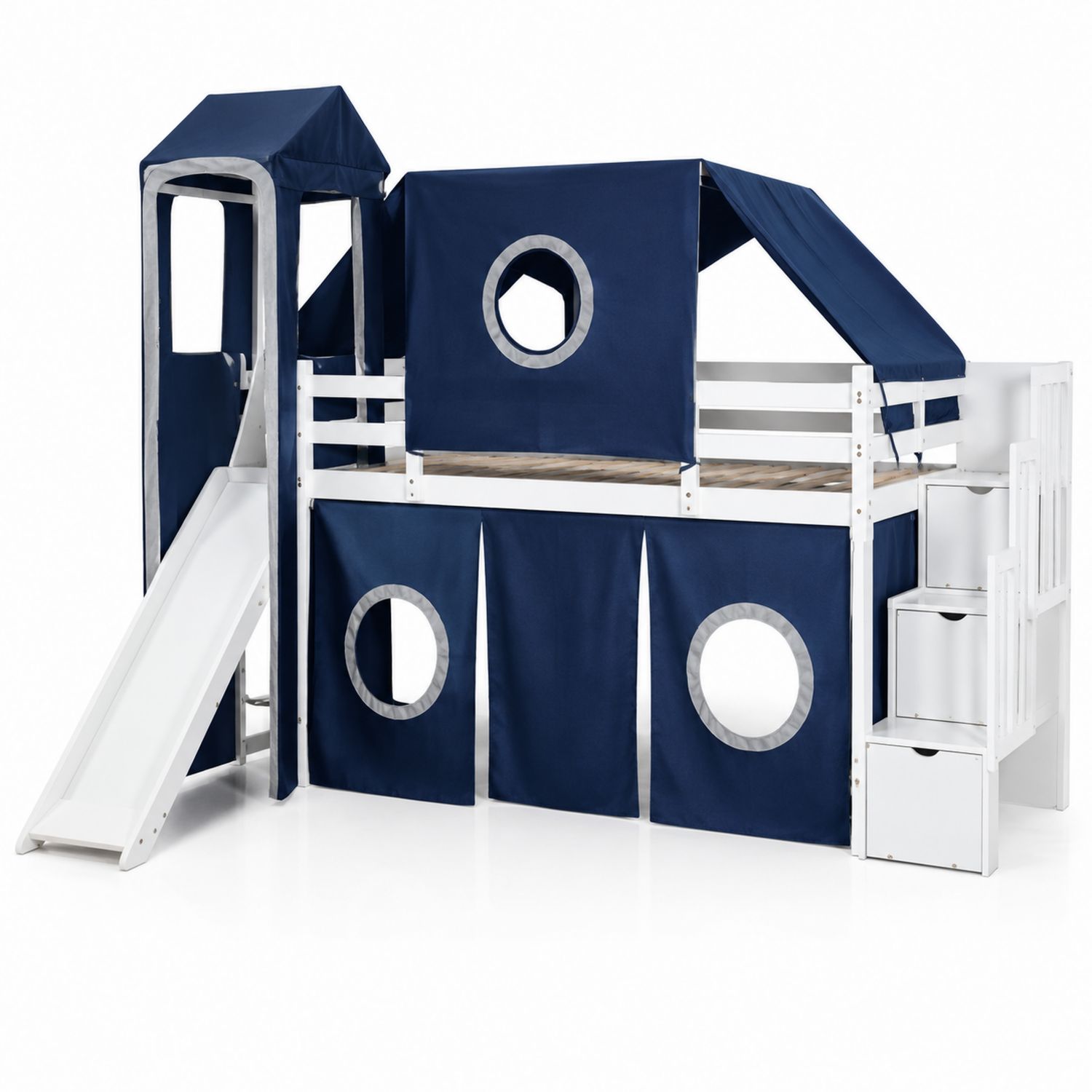 Cama alta infantil con tobogán y escalera de madera Azul/Blanco