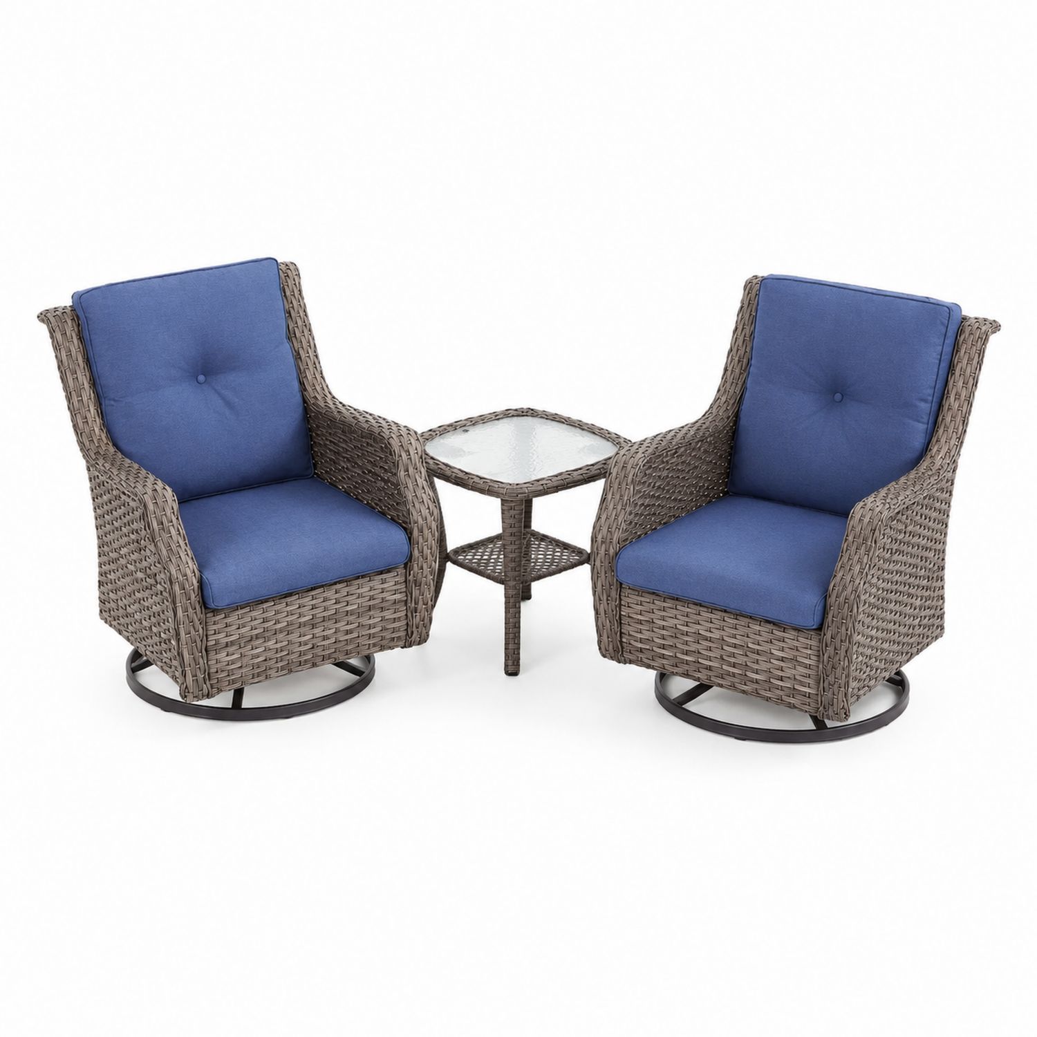 Conjunto de Muebles de Ratán Sintético con Cojines Azules y Mesa de Vidrio
