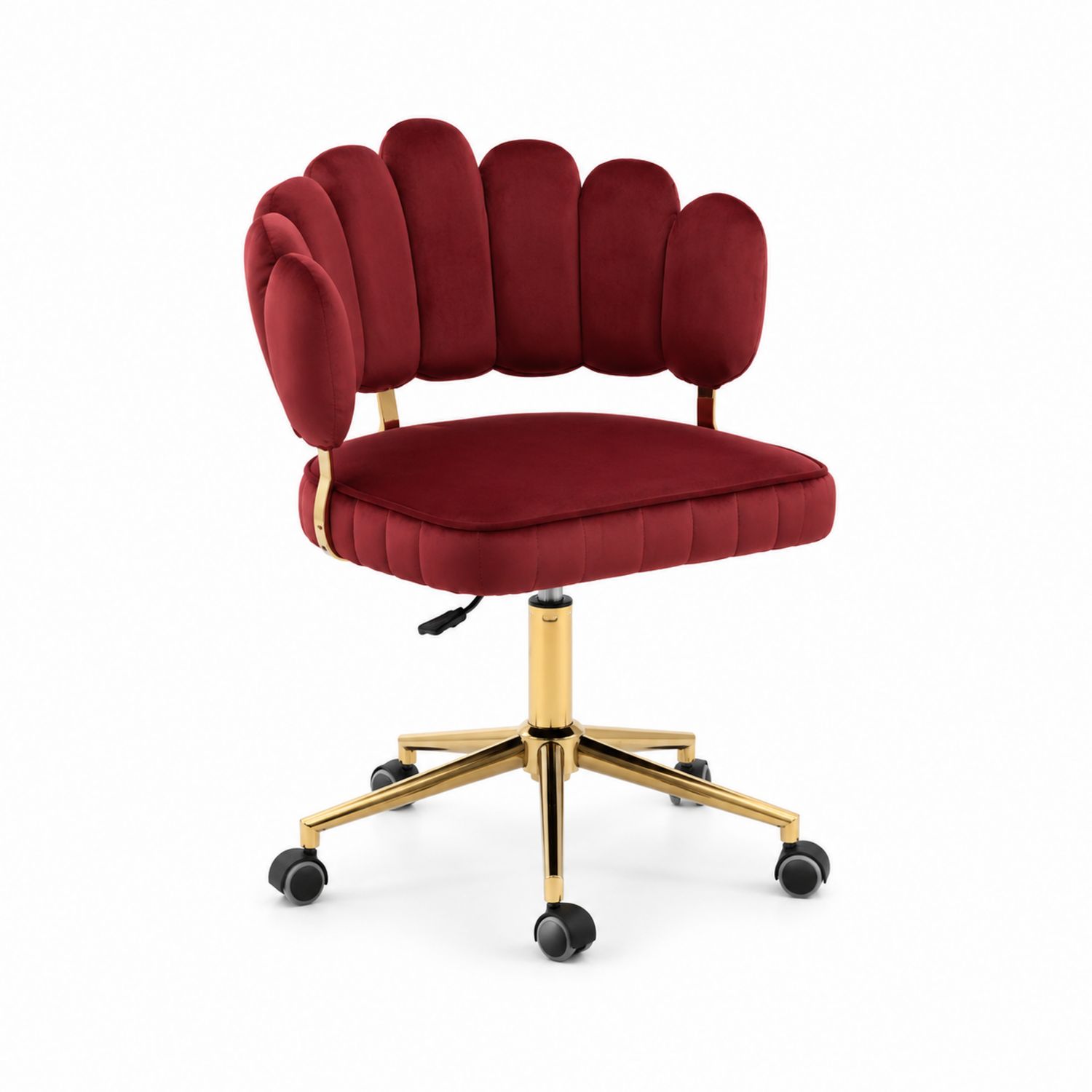Silla de oficina de terciopelo rojo con base de metal dorada