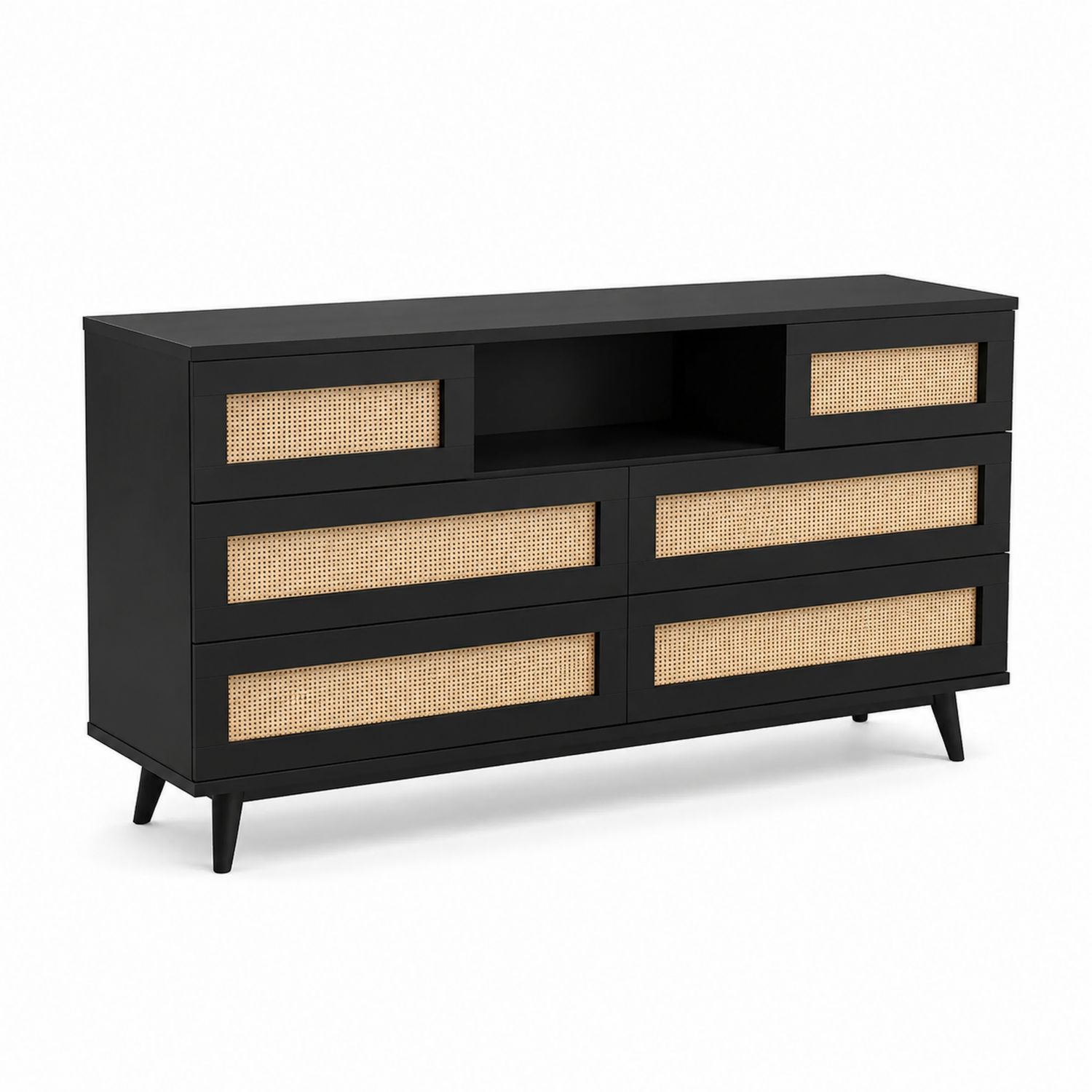 Cajonera de Madera Negra con Frente de Ratán 145x40x80 cm
