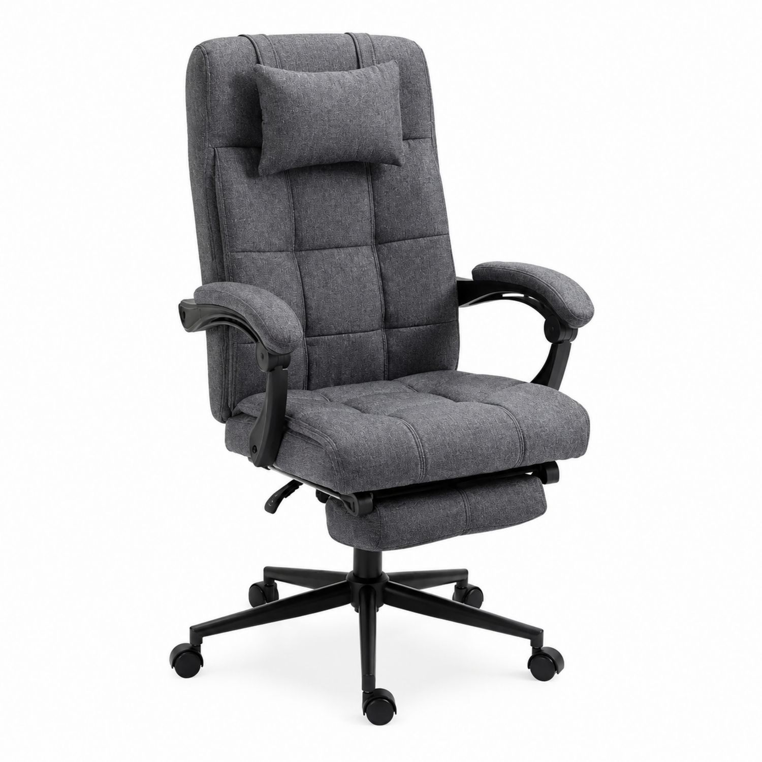 Silla de oficina de tela gris con reposapiés