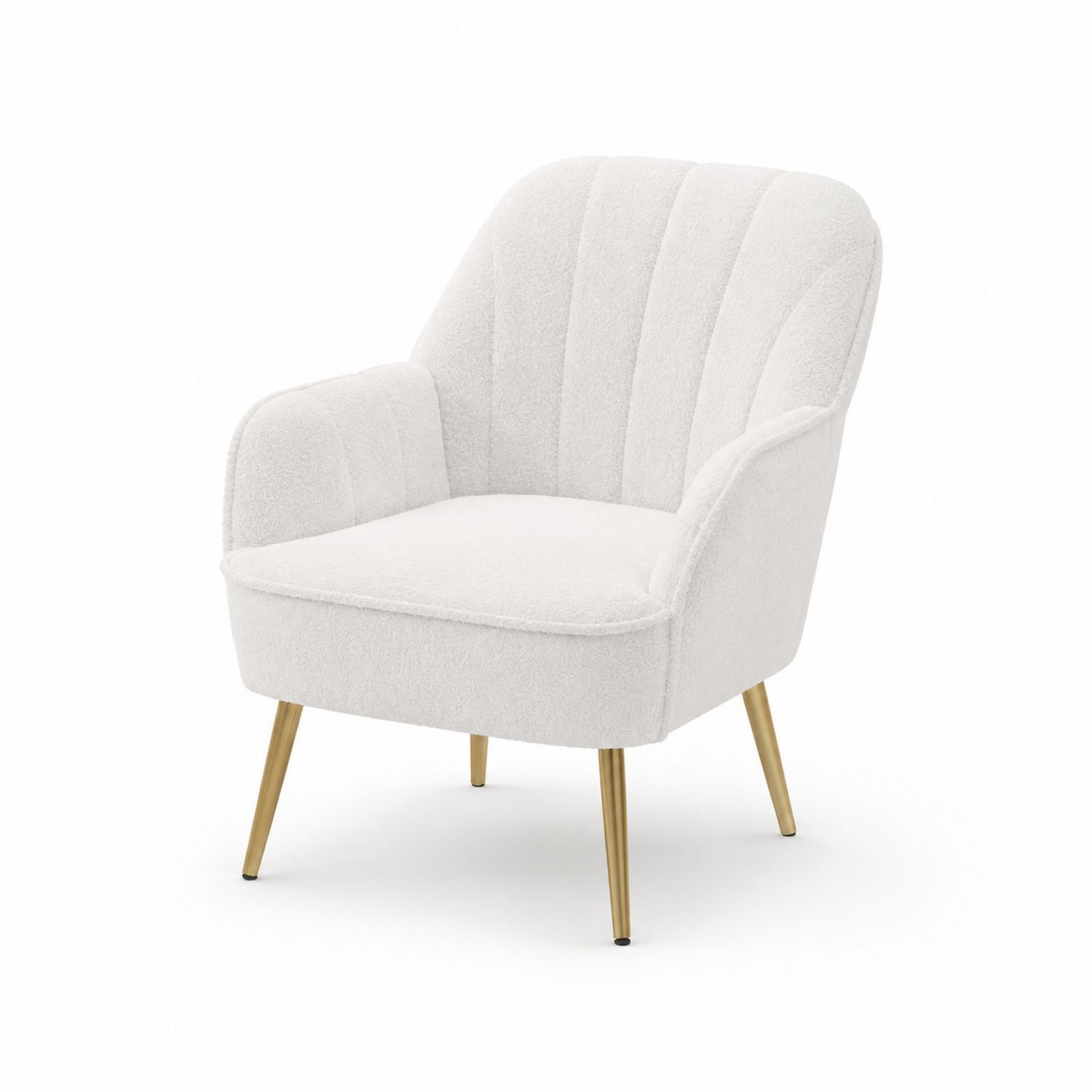 Silla de salón de tela bouclé beige con patas de metal dorado