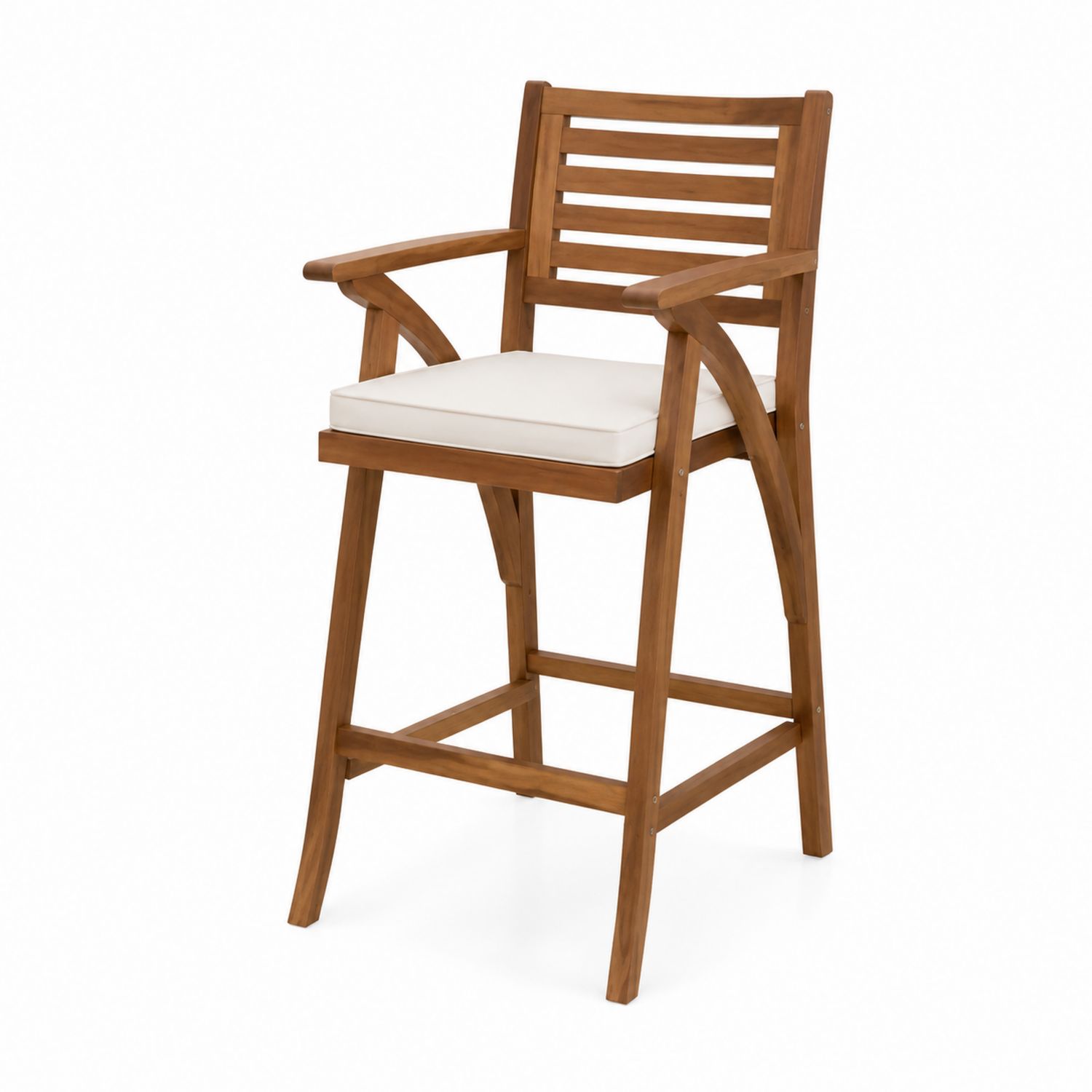 Silla alta de madera de acacia con cojín crema, 106 cm