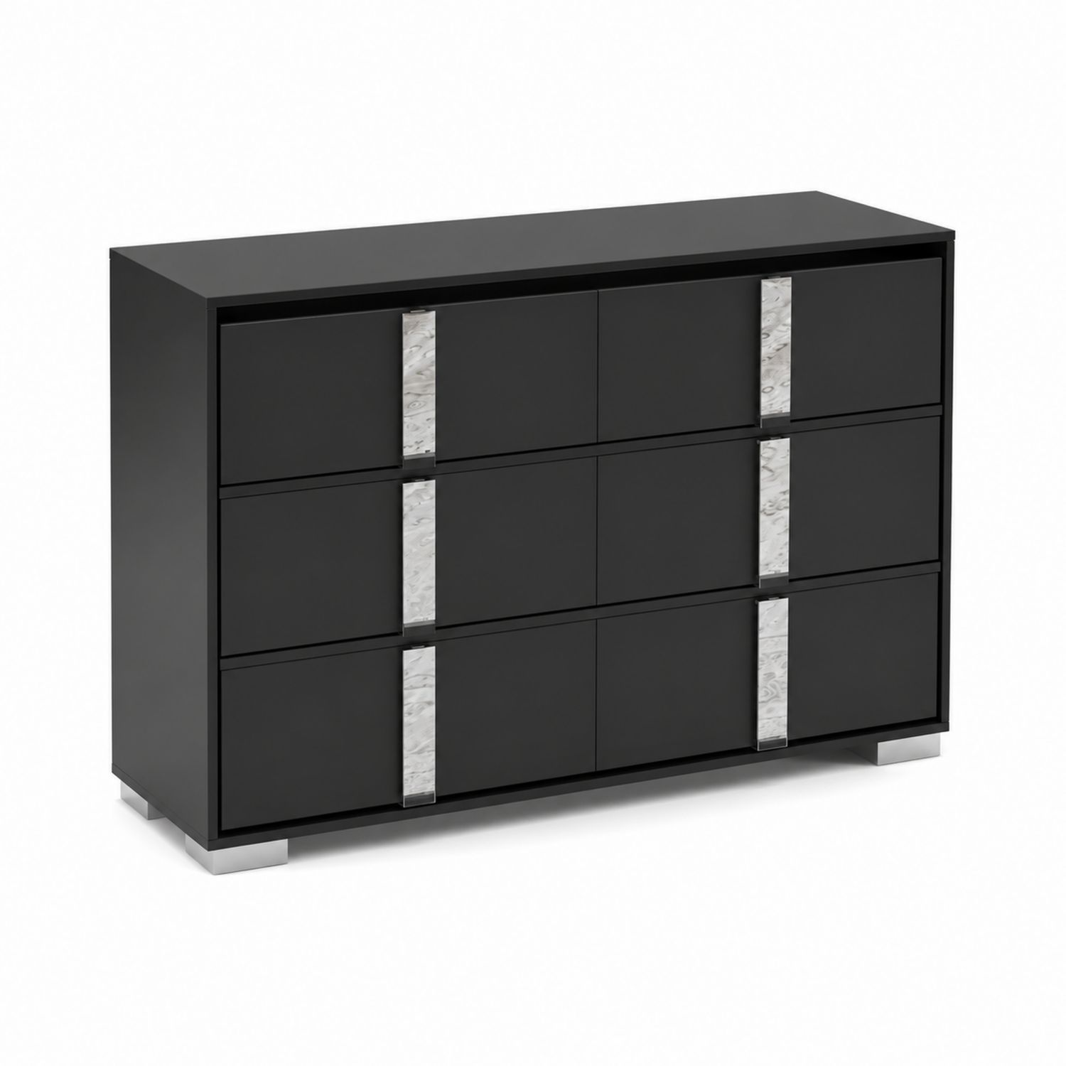 Cómoda de dormitorio en madera negra con detalles metálicos, 6 cajones, 120x75x40 cm