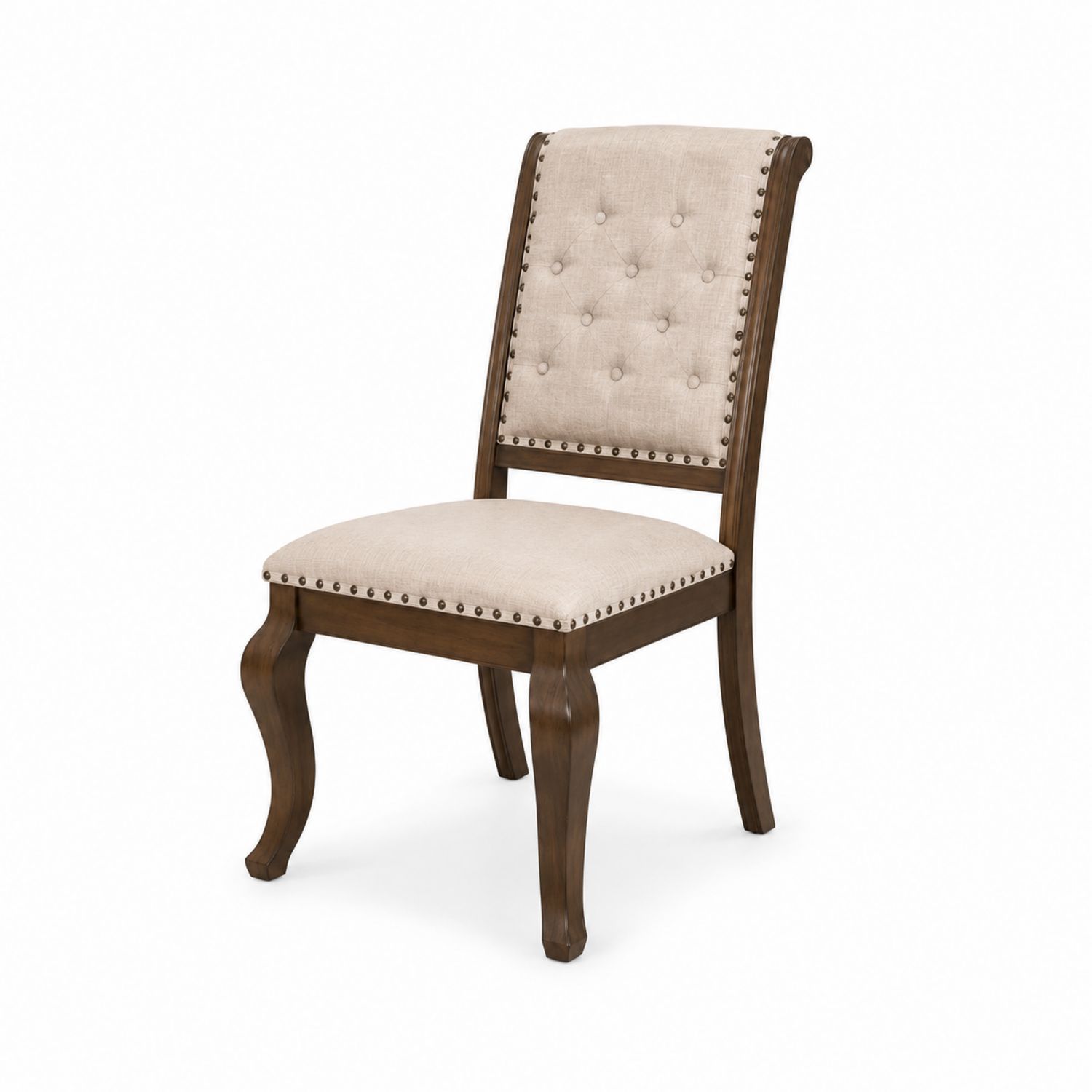 Silla de madera con tapizado de lino y remaches