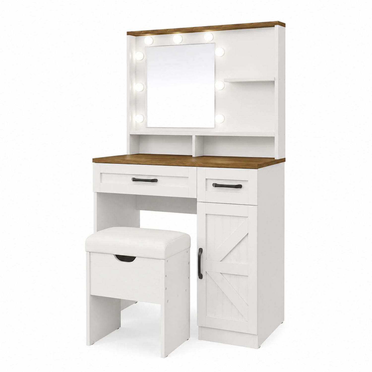 Tocador de Madera con Espejo LED y Taburete, Blanco/Roble