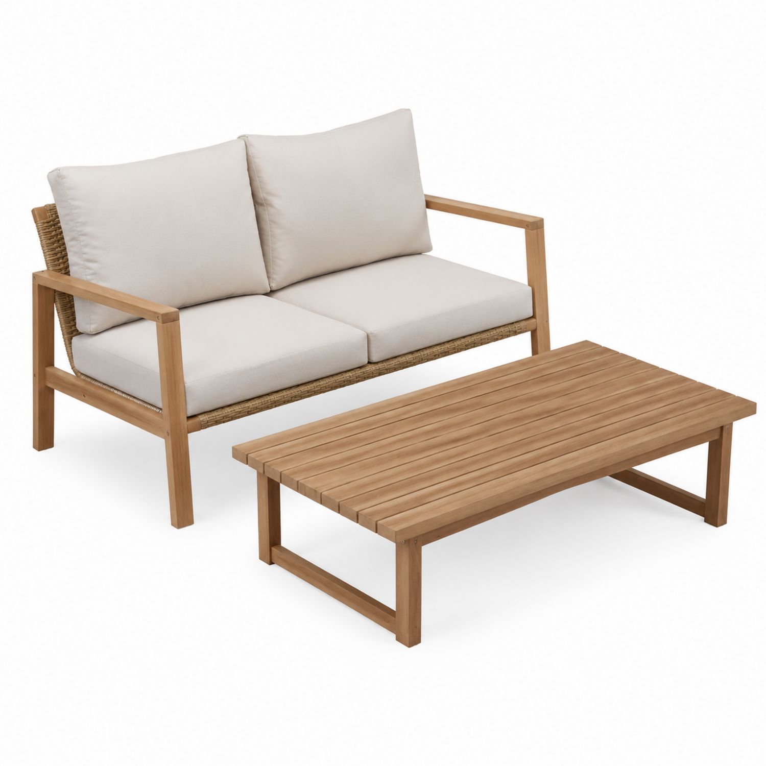 Set de Sofá de Exterior y Mesa de Centro de Madera y Cojines Beige