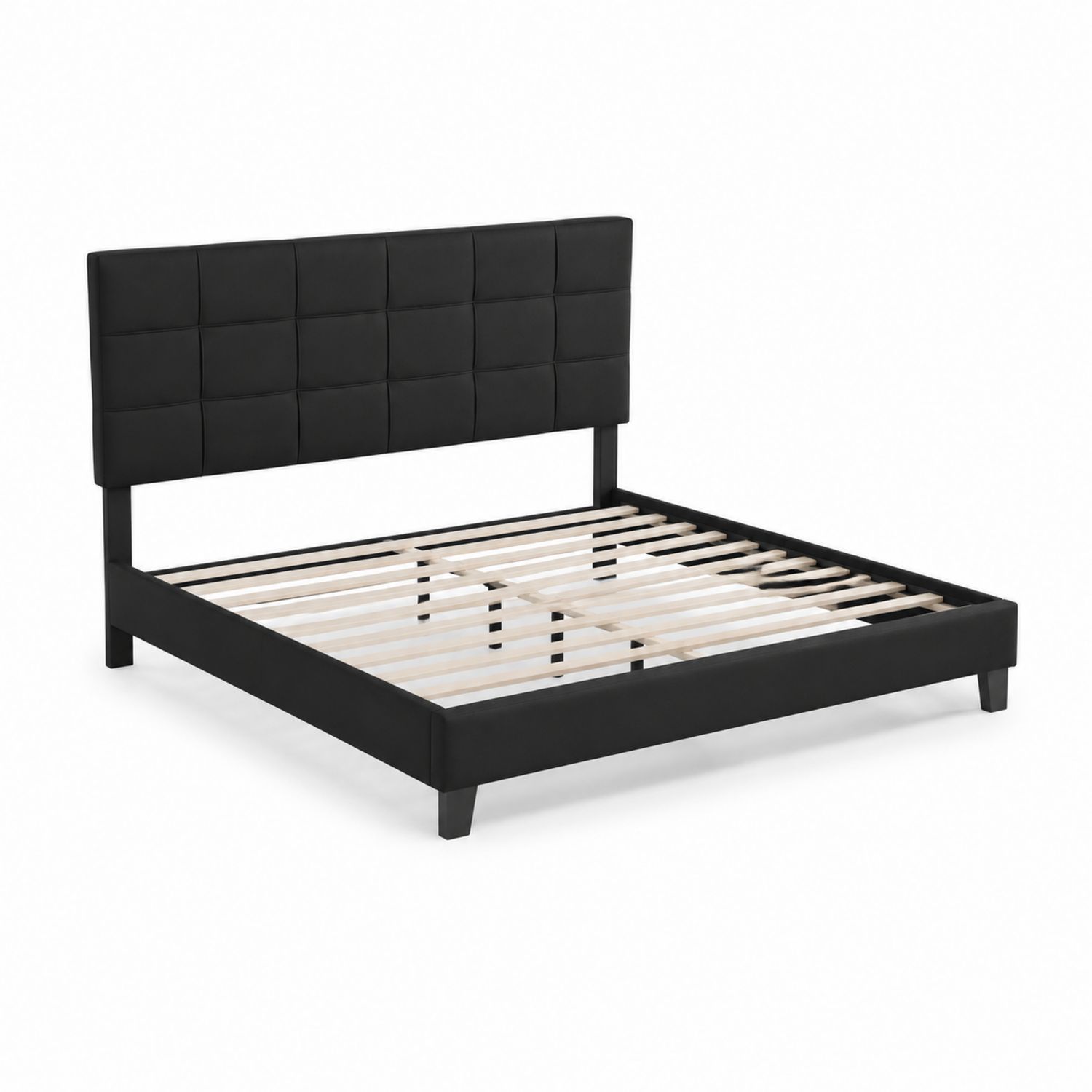 Cama doble de madera y PU negra con cabecero tapizado 200x160 cm