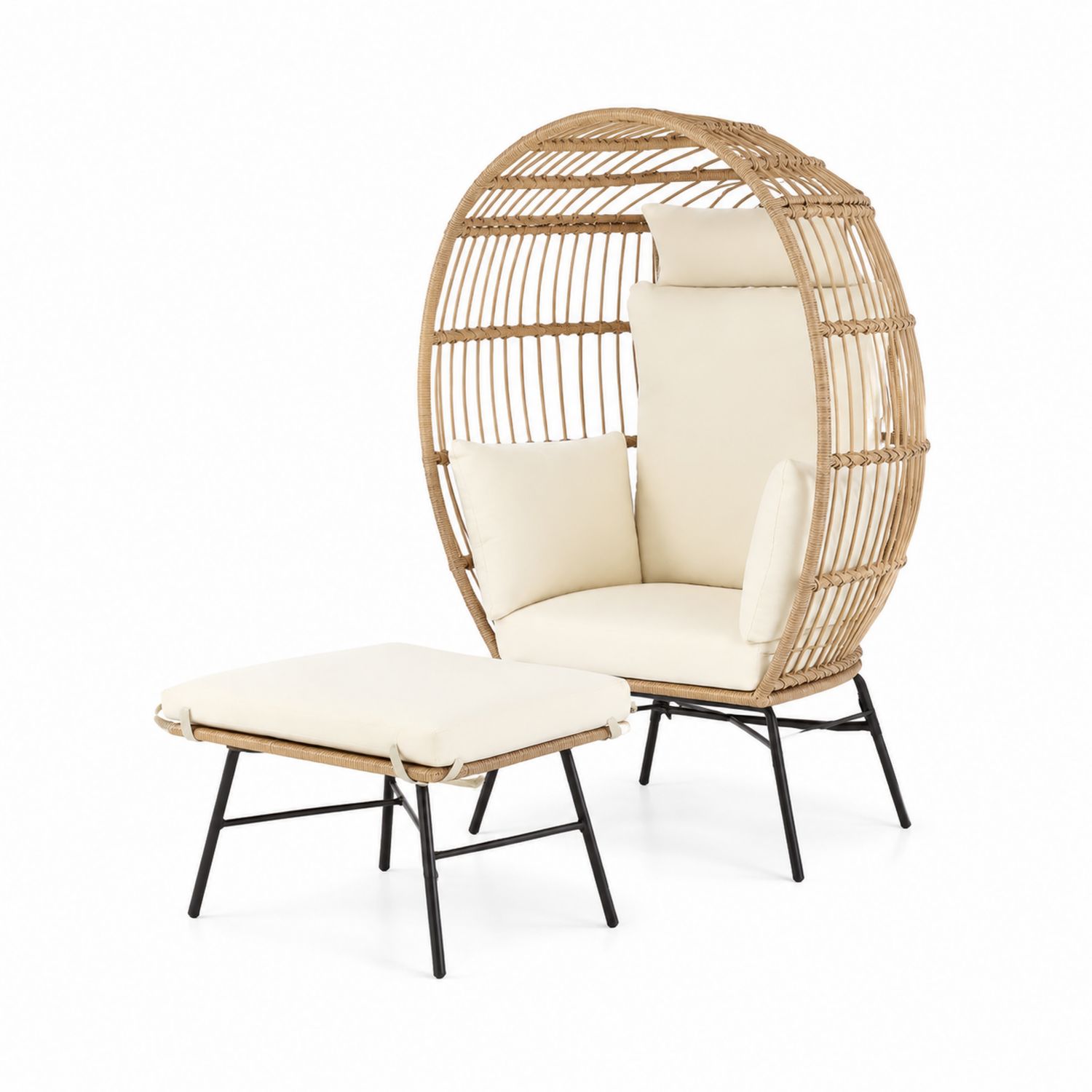 Sillón de Ratán Sintético y Metal con Reposapiés y Cojines Beige