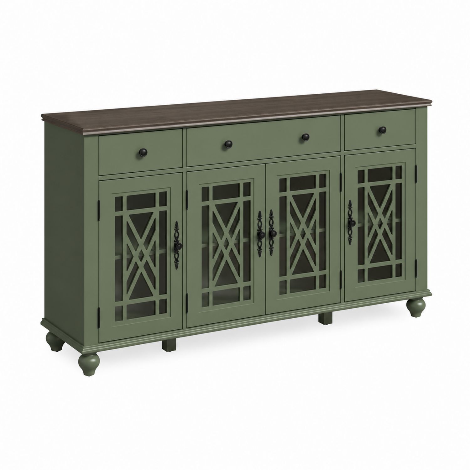 Aparador de Madera con Puertas de Vidrio Templado Verde y Marrón 152x40x91 cm