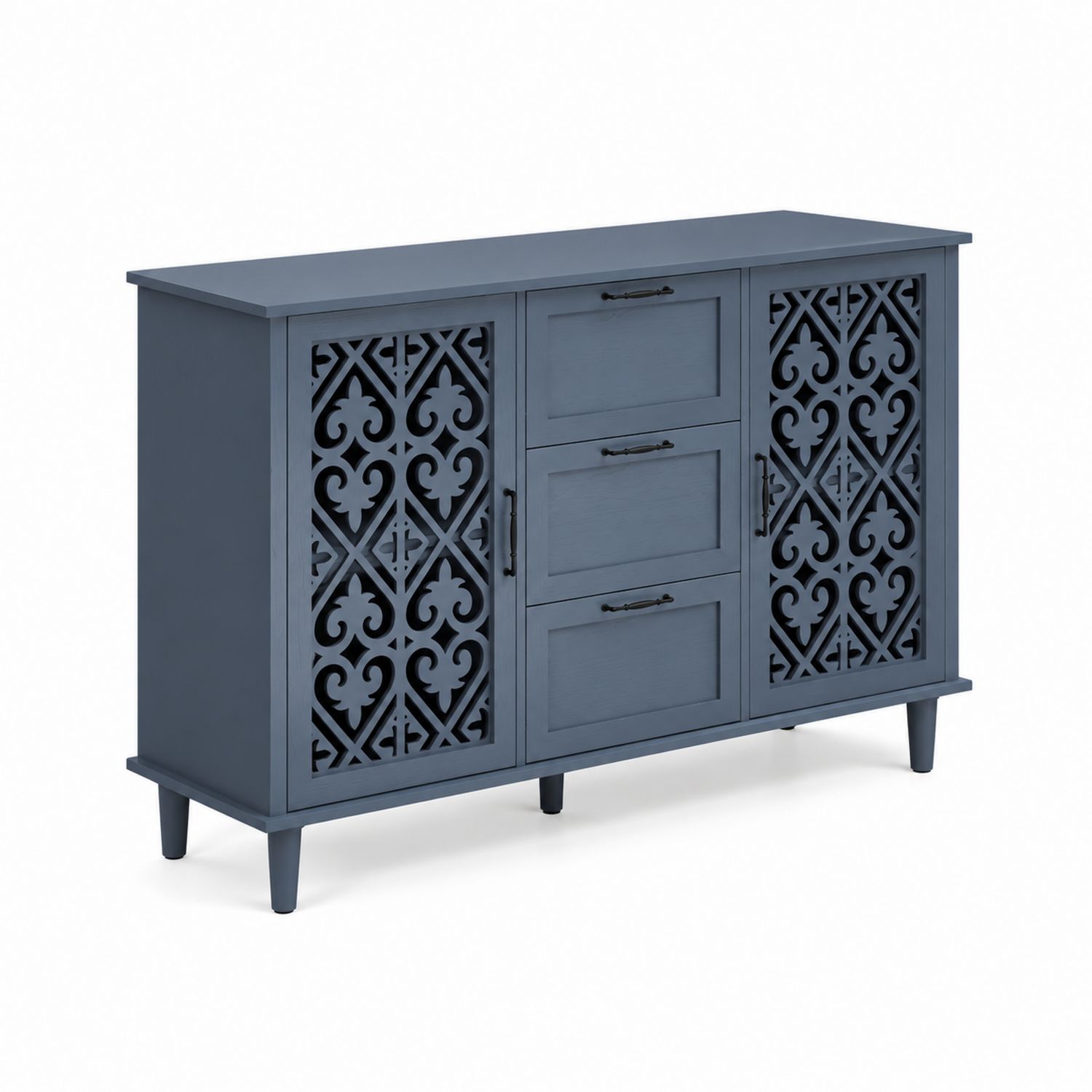 Aparador de madera azul oscuro con puertas decorativas y cajones