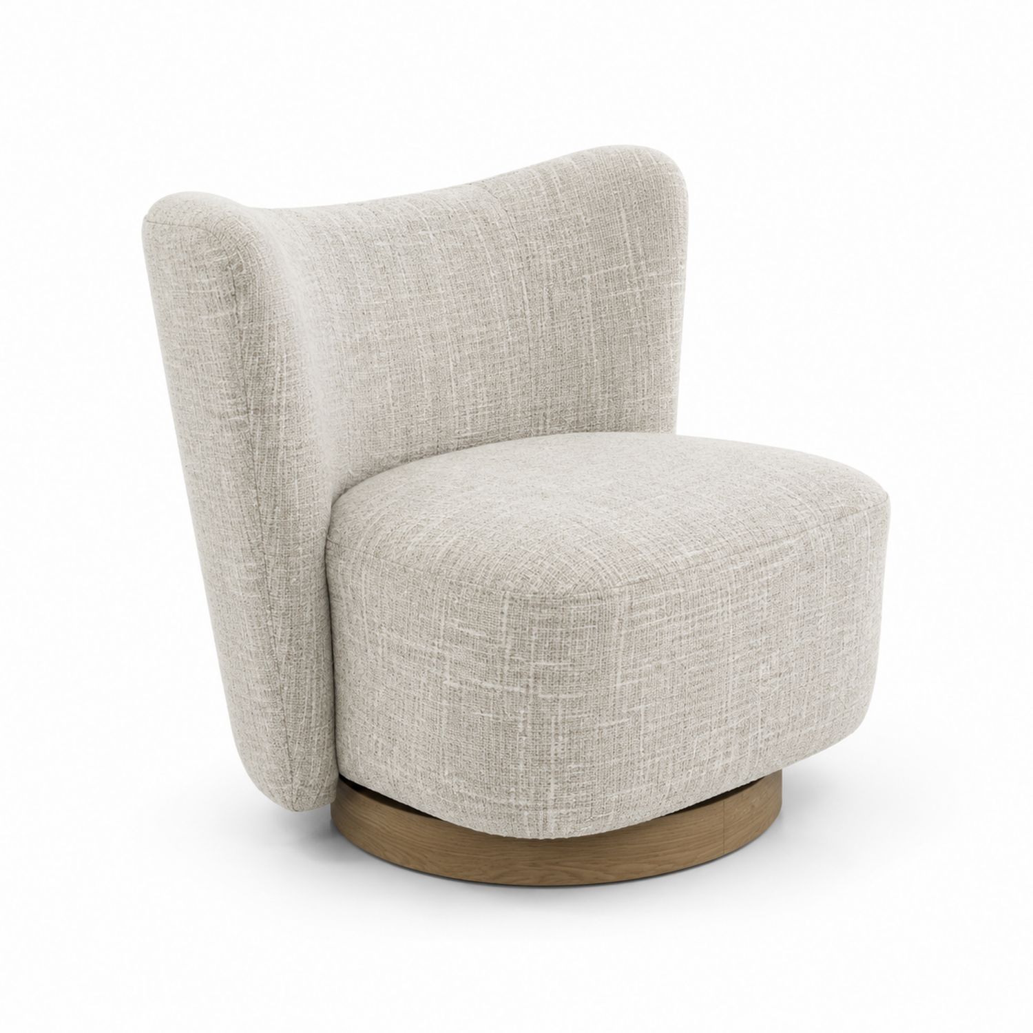 Silla redonda con base de madera y tapizado en lino beige