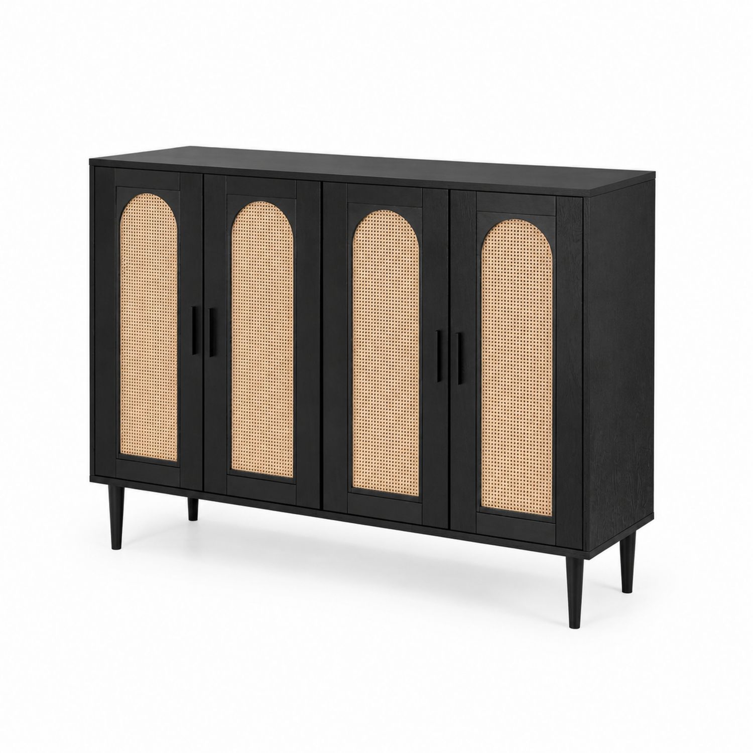 Aparador de madera y ratán con puertas negras y naturales
