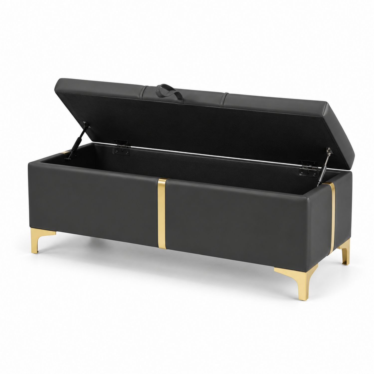 Banco de almacenamiento de PU negro con patas de metal doradas