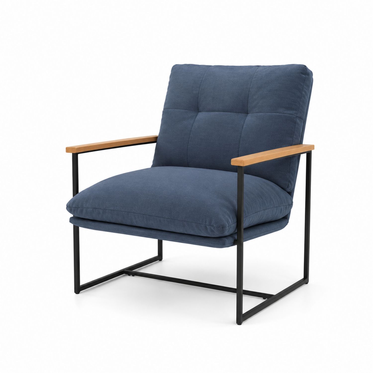 Silla tapizada azul con estructura metálica y reposabrazos de madera