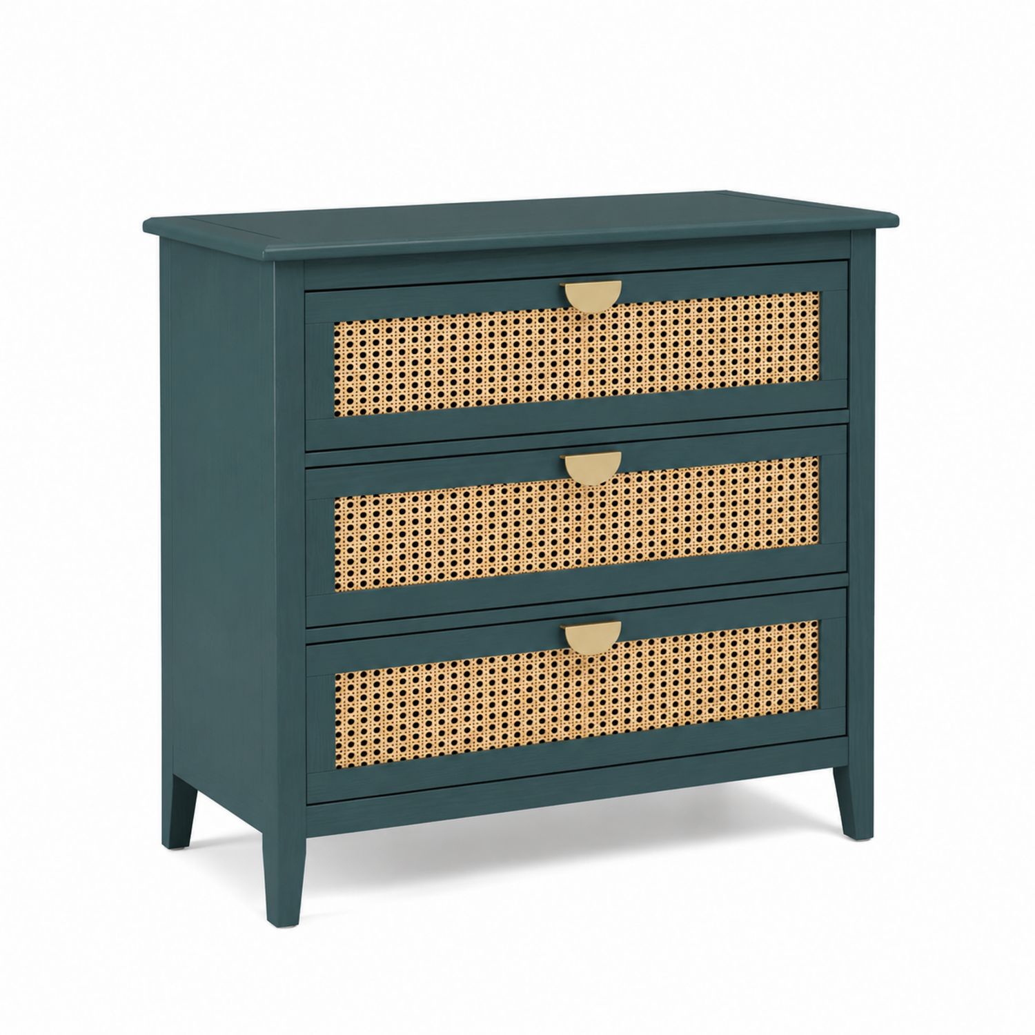 Cajonera de madera verde con cajones de ratán