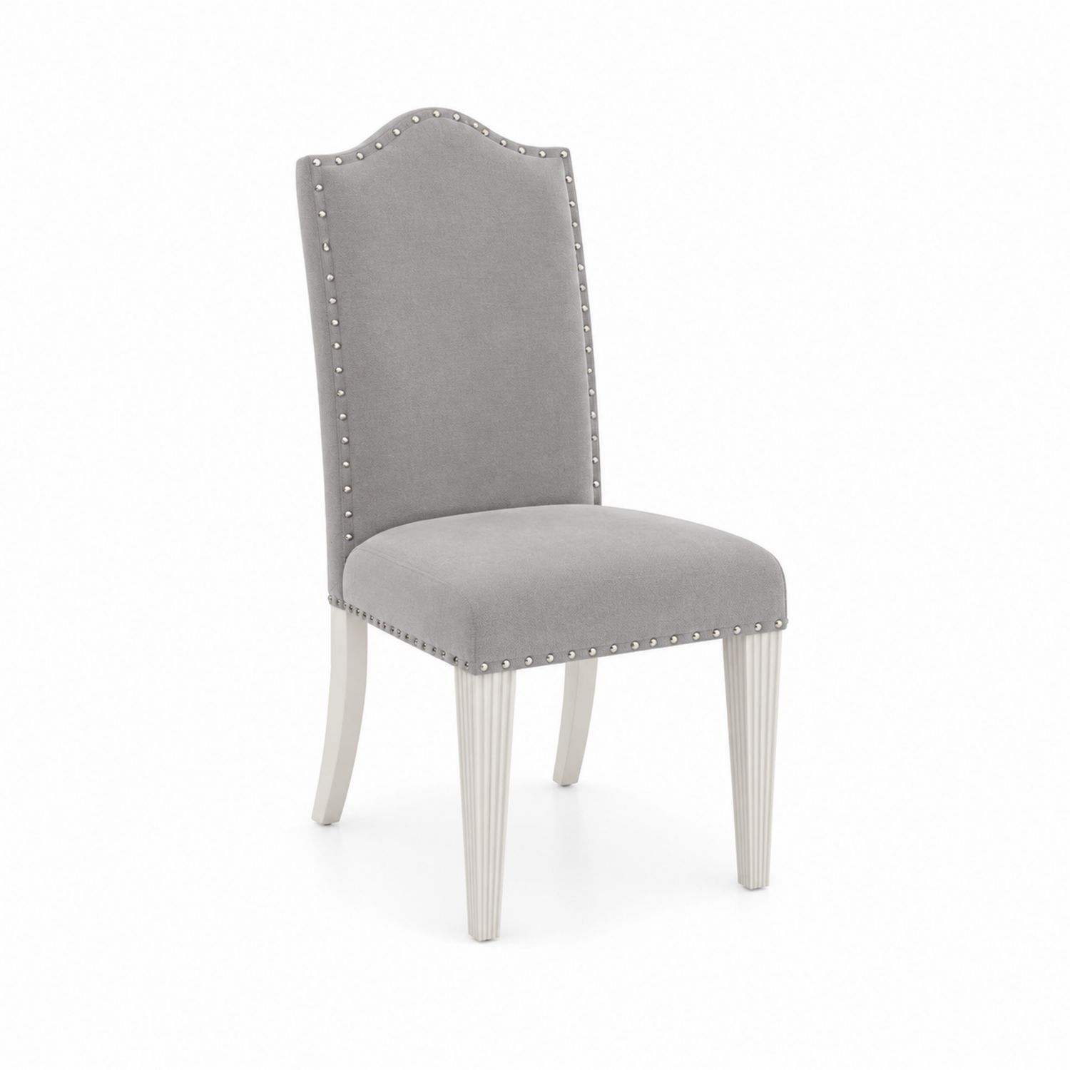 Sedia da pranzo in tessuto grigio con rivetti e gambe in legno