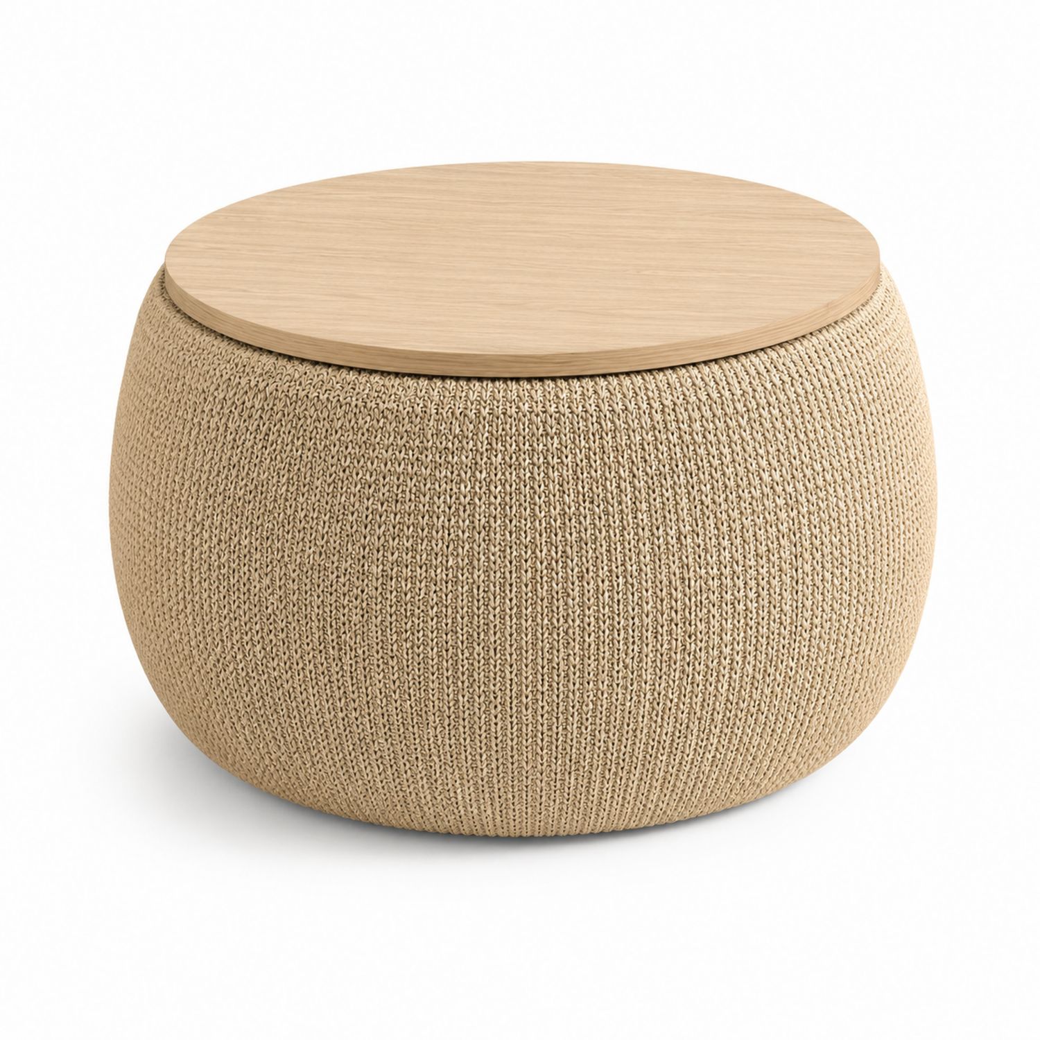 Pouf Rotondo in Maglia con Top in Legno di Quercia 50 cm Beige