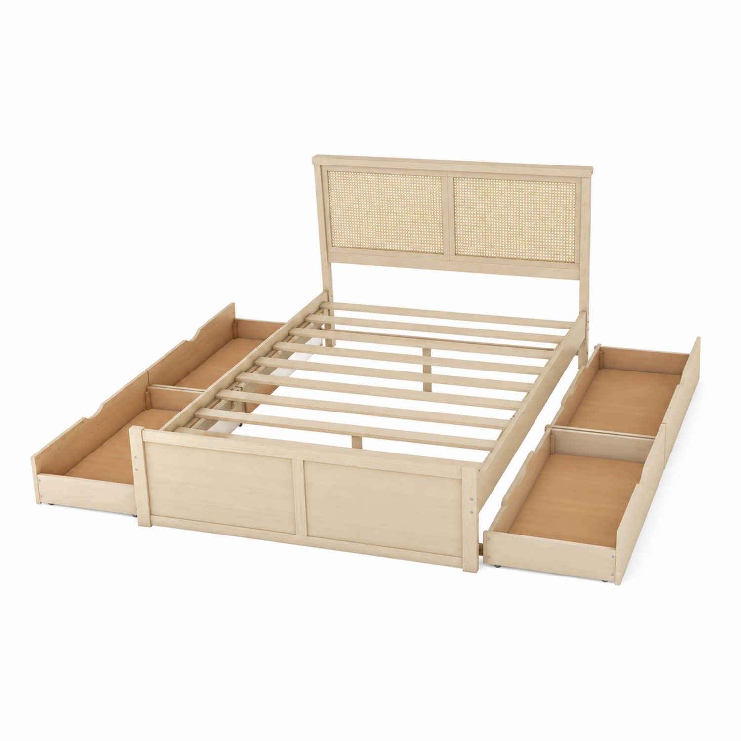 Letto matrimoniale in legno con testiera in rattan e cassetti integrati