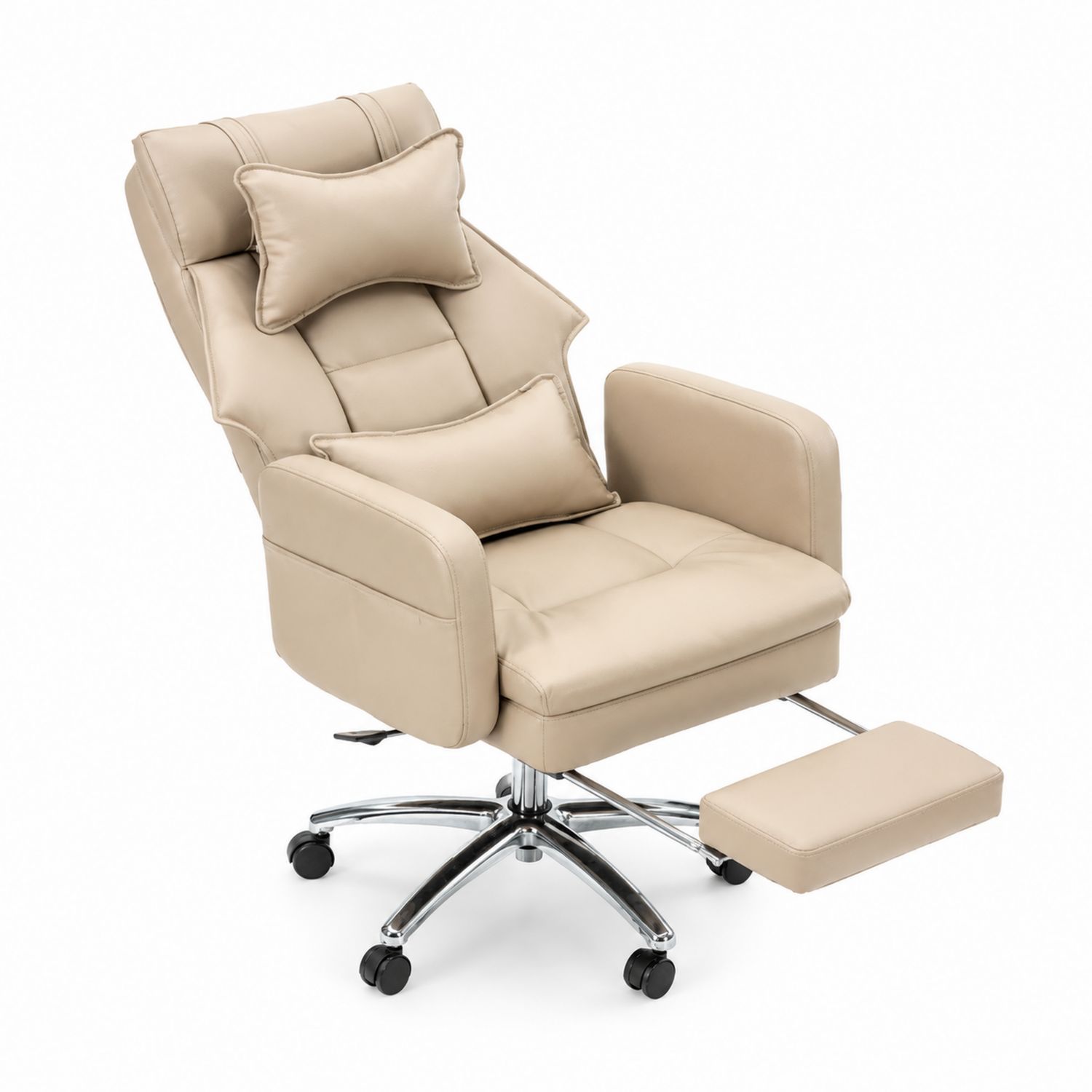 Sedia da Ufficio Reclinabile in Pelle PU Beige con Poggiapiedi