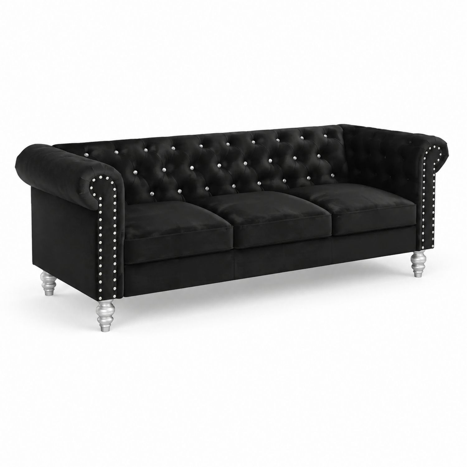 Divano Chesterfield a 3 posti in velluto nero con gambe in legno