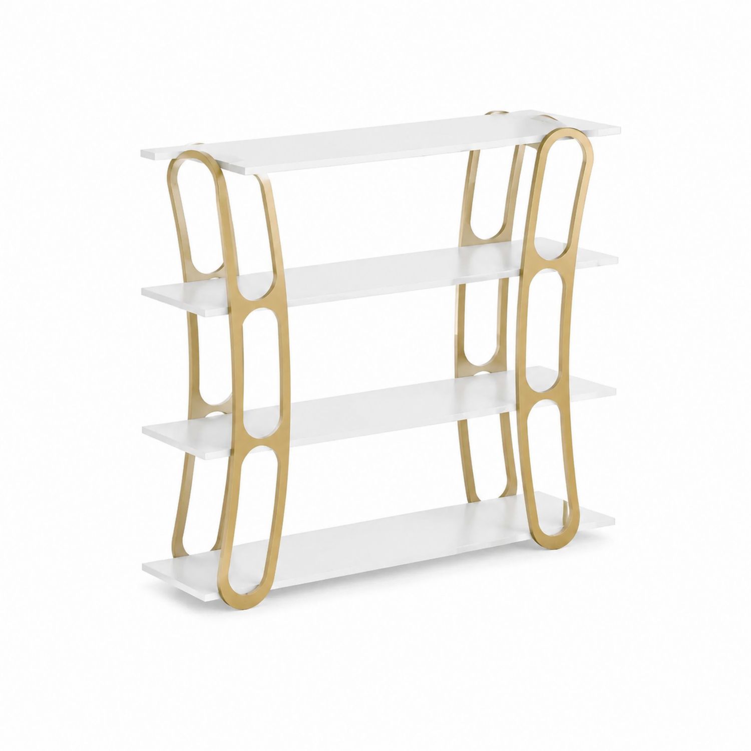 Scaffale a 4 Ripiani in Legno Bianco con Supporti in Metallo Oro