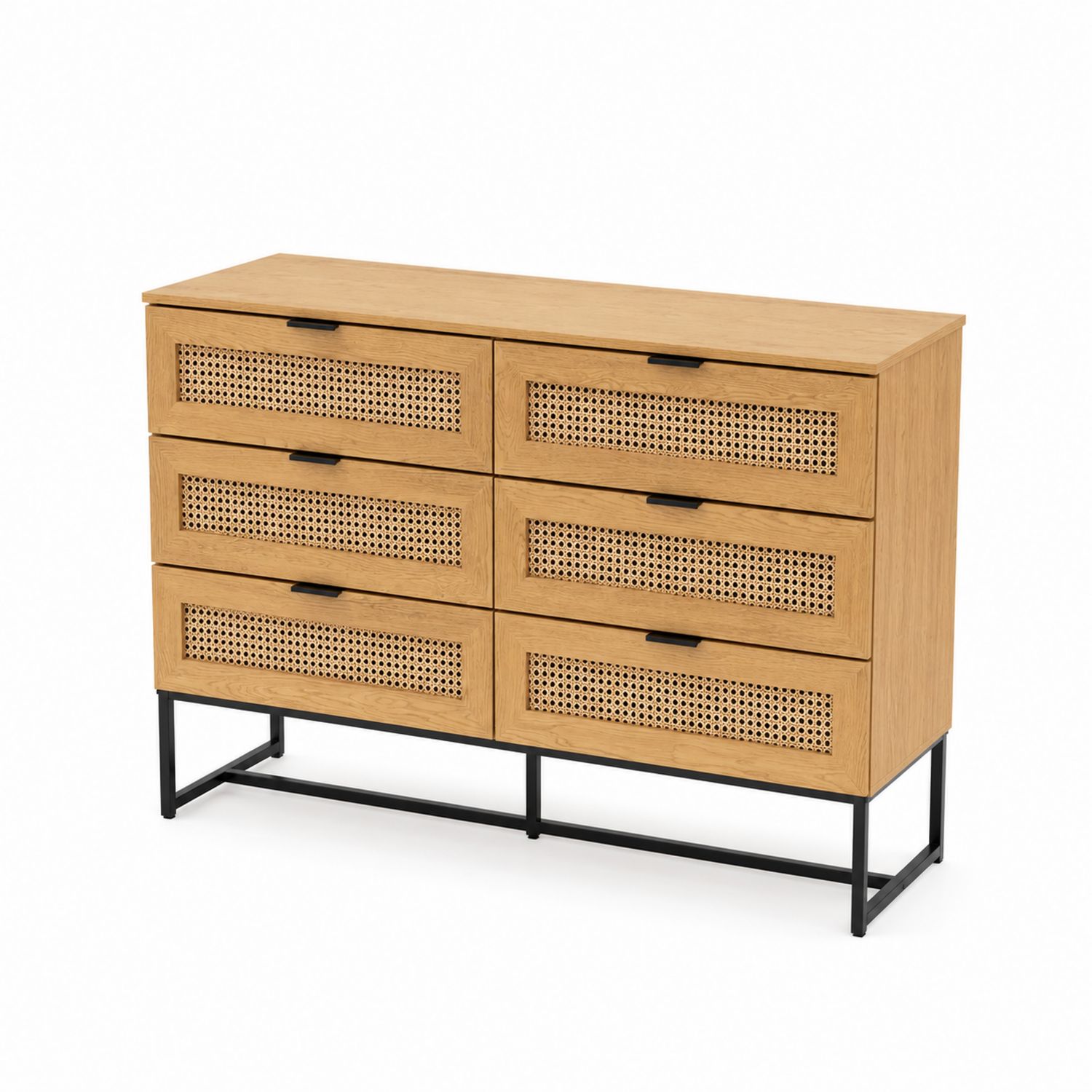 Cassettiera in legno di quercia con 6 cassetti in rattan e base in acciaio