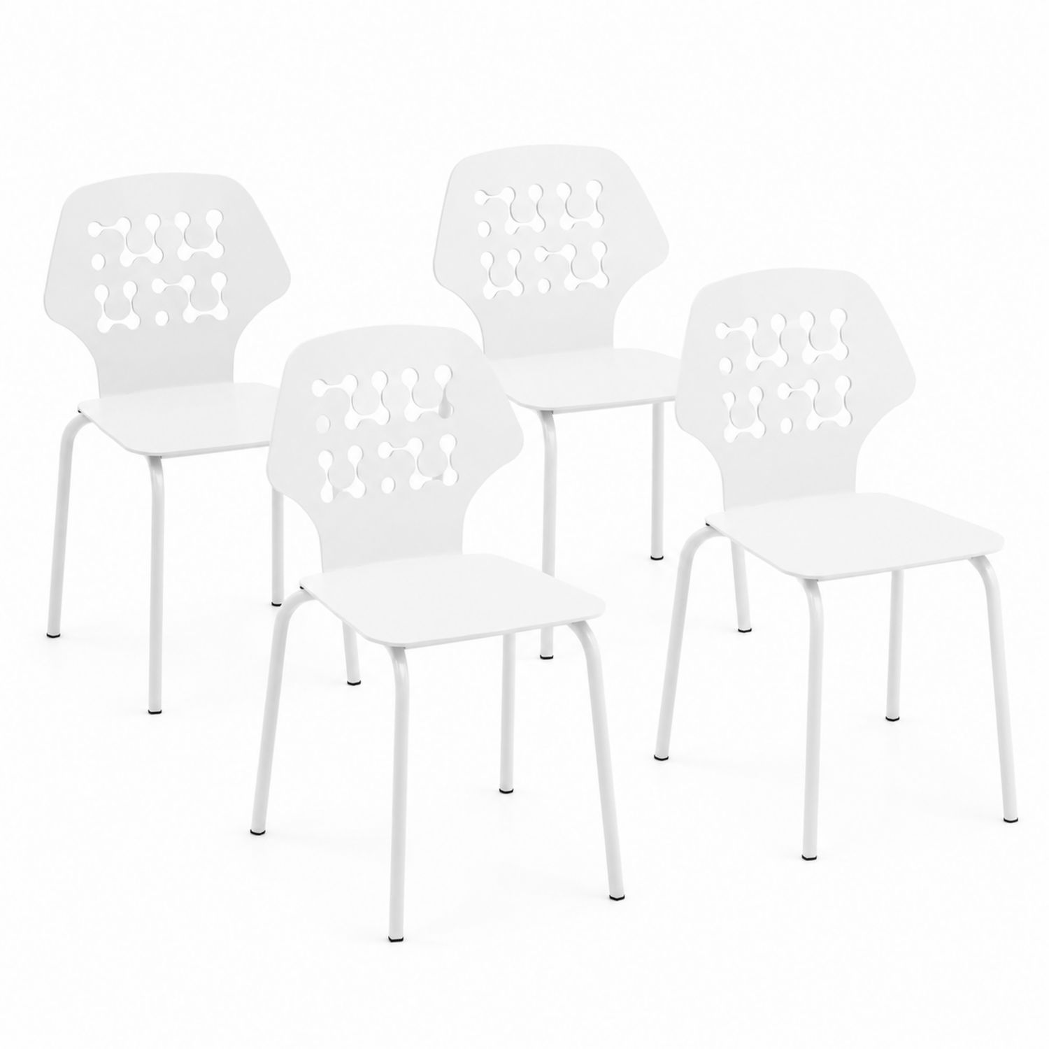 Set di Sedie in Metallo Verniciato Bianco con Schienale Intagliato, 4 Pezzi