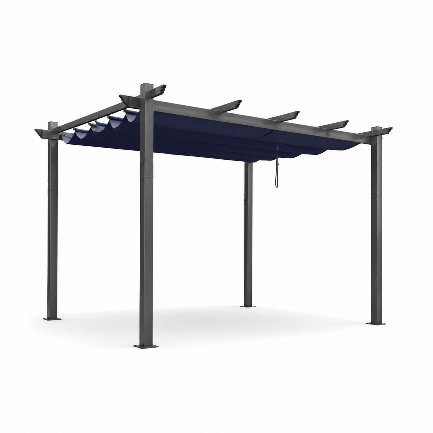 Pérgola rectangular de aluminio y acero con techo de poliéster azul