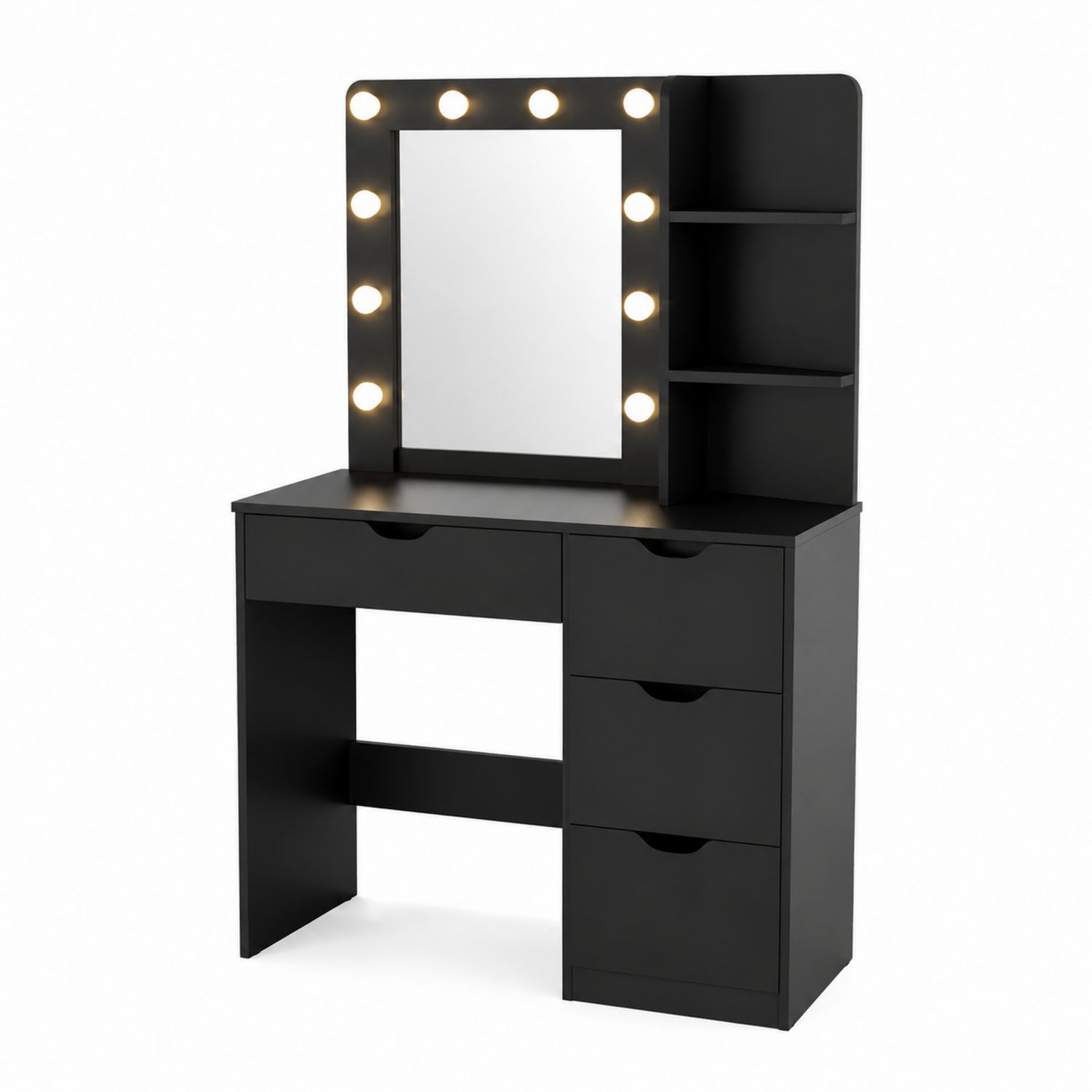 Tocador Negro de Madera con Espejo y Luces LED, 3 Cajones y 4 Estantes