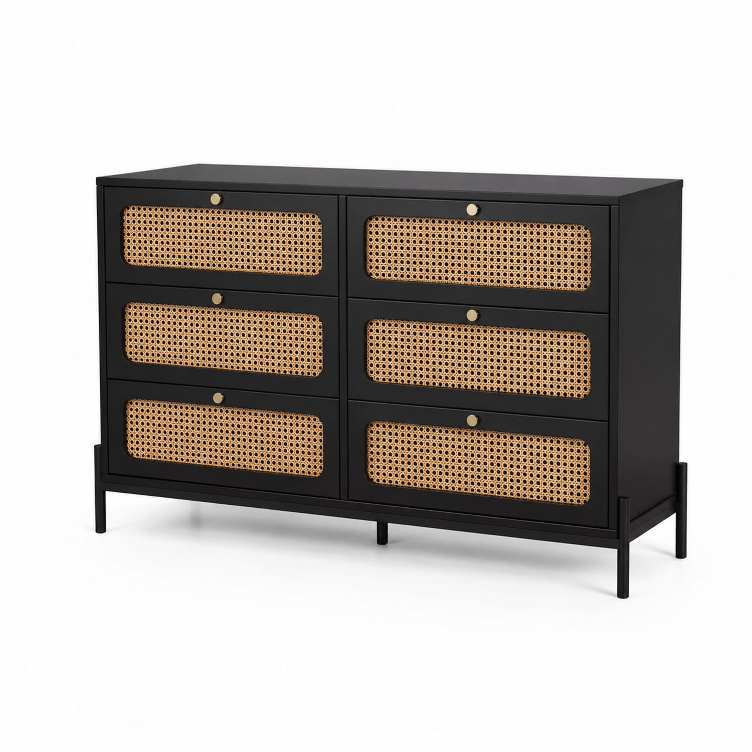Cómoda de 6 cajones de madera negra y ratán natural