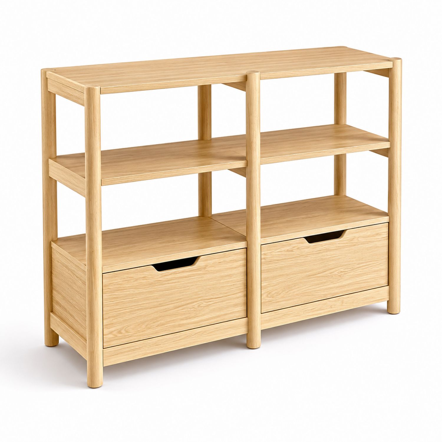 Estantería de madera con cajones y estantes