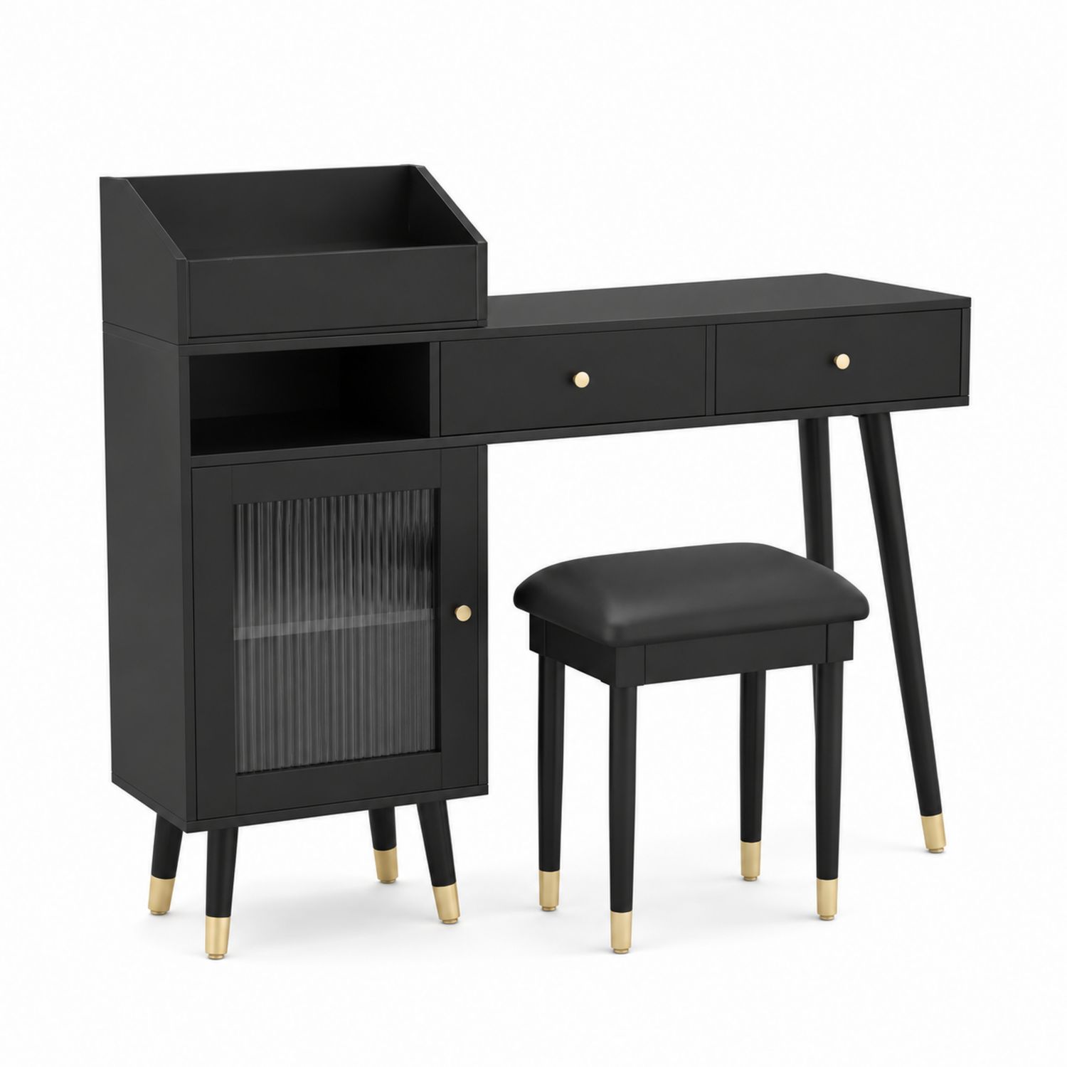 Tocador de Madera y Metal Negro con Taburete
